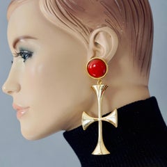 Massive MOSCHINO Maltese Cross Red Orange Cabochon Novelty Dangling Earrings