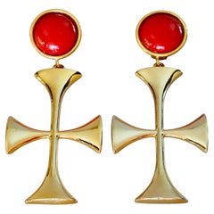 Massive MOSCHINO Maltese Cross Red Orange Cabochon Novelty Dangling Earrings
