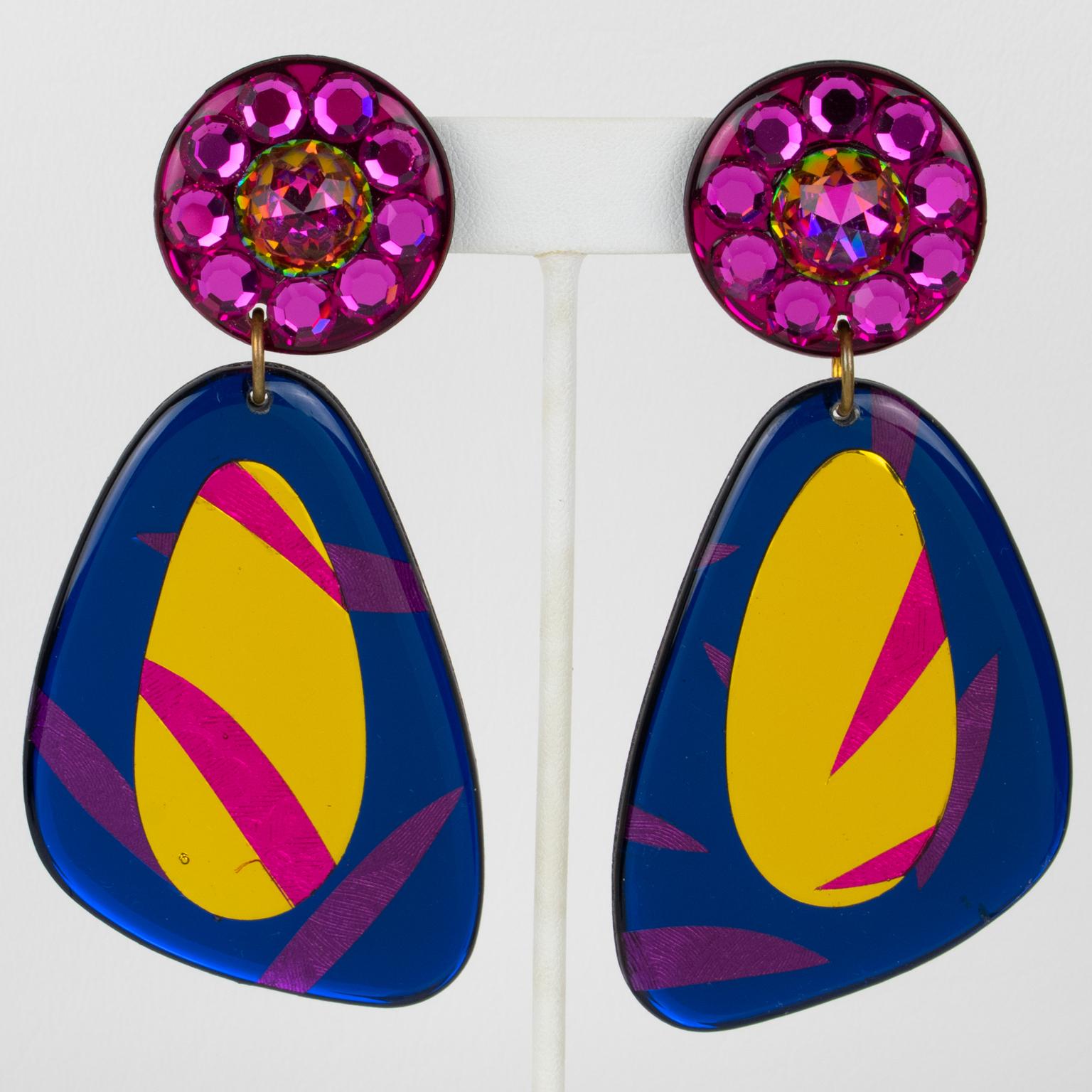 Colorful Jeweled Dangle Acrylic Clip Earrings For Sale 1