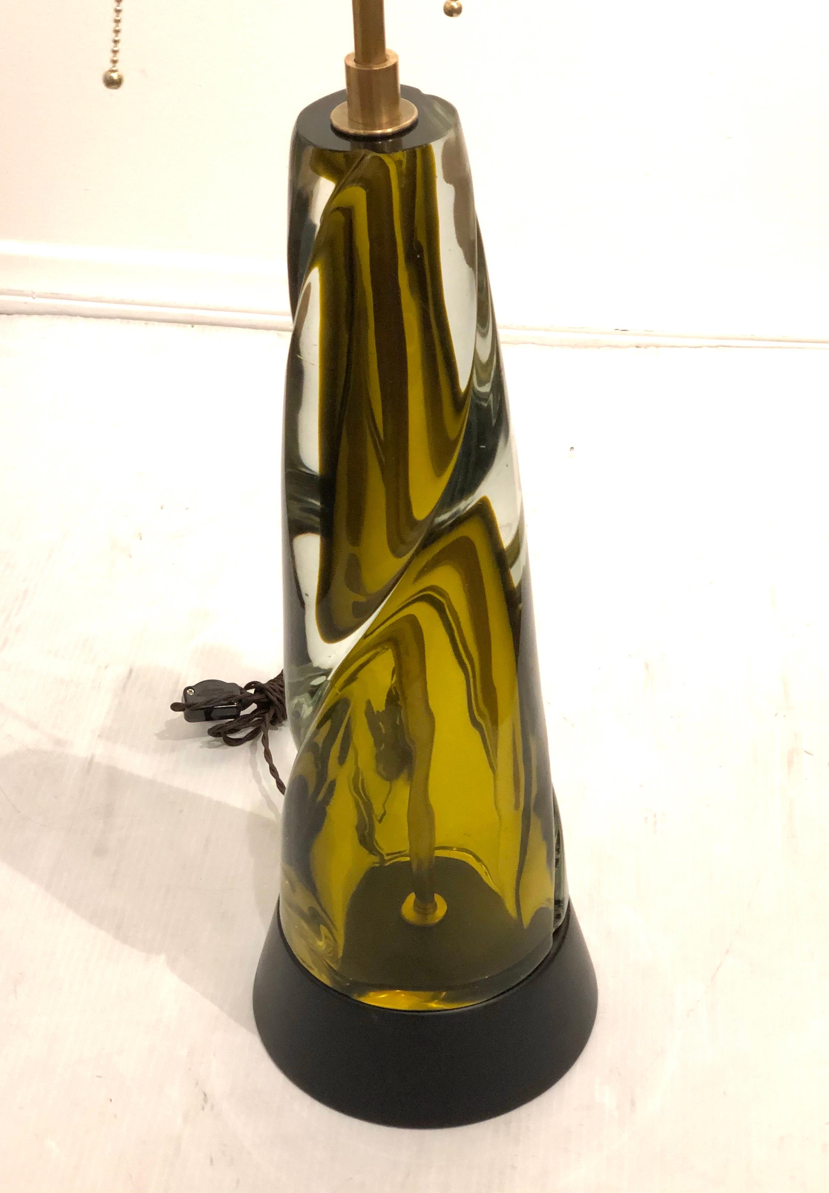 Beautiful and unique fantastic, massive Murano thick glass lamp, freshly rewired and restored sitting on solid wood base, black lacquer, rewired beautiful double sockets and brass fittings the poles moves up and down up to 40