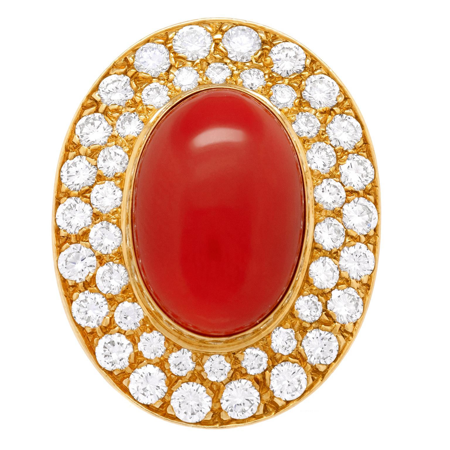 Oval Cut Massive Natural Coral and Diamond Ring For Sale