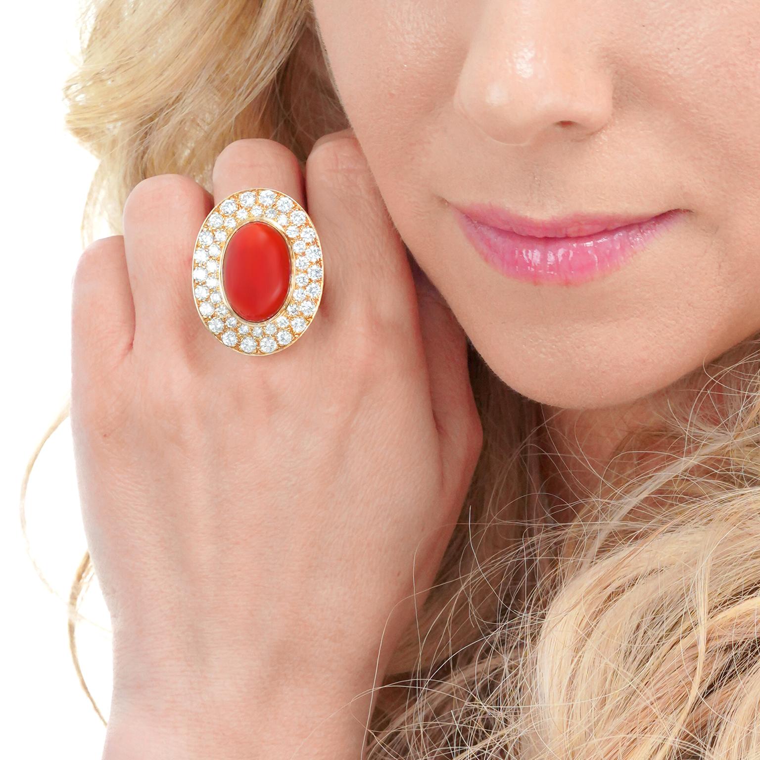 Massive Natural Coral and Diamond Ring In Excellent Condition For Sale In Litchfield, CT