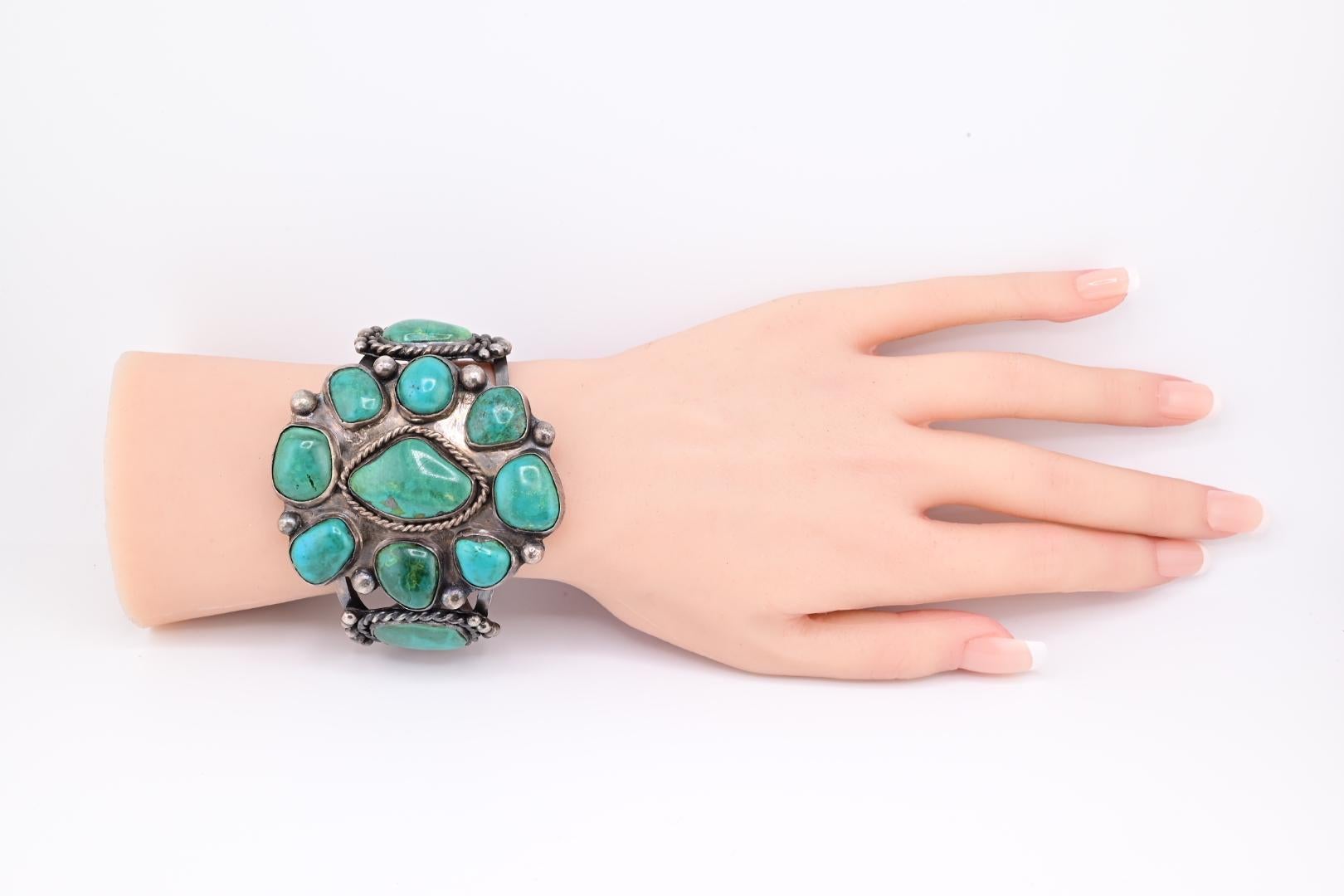 Tumbled Massive Navajo Sterling Silver Turquoise Bracelet Cuff