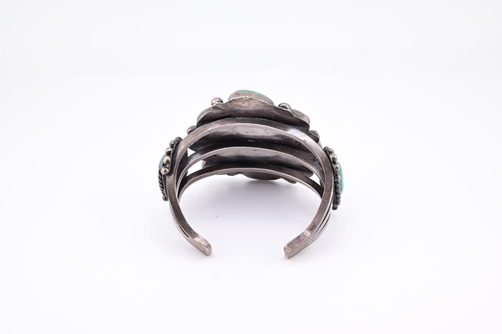 Massive Navajo Sterling Silver Turquoise Bracelet Cuff In Good Condition In Media, PA