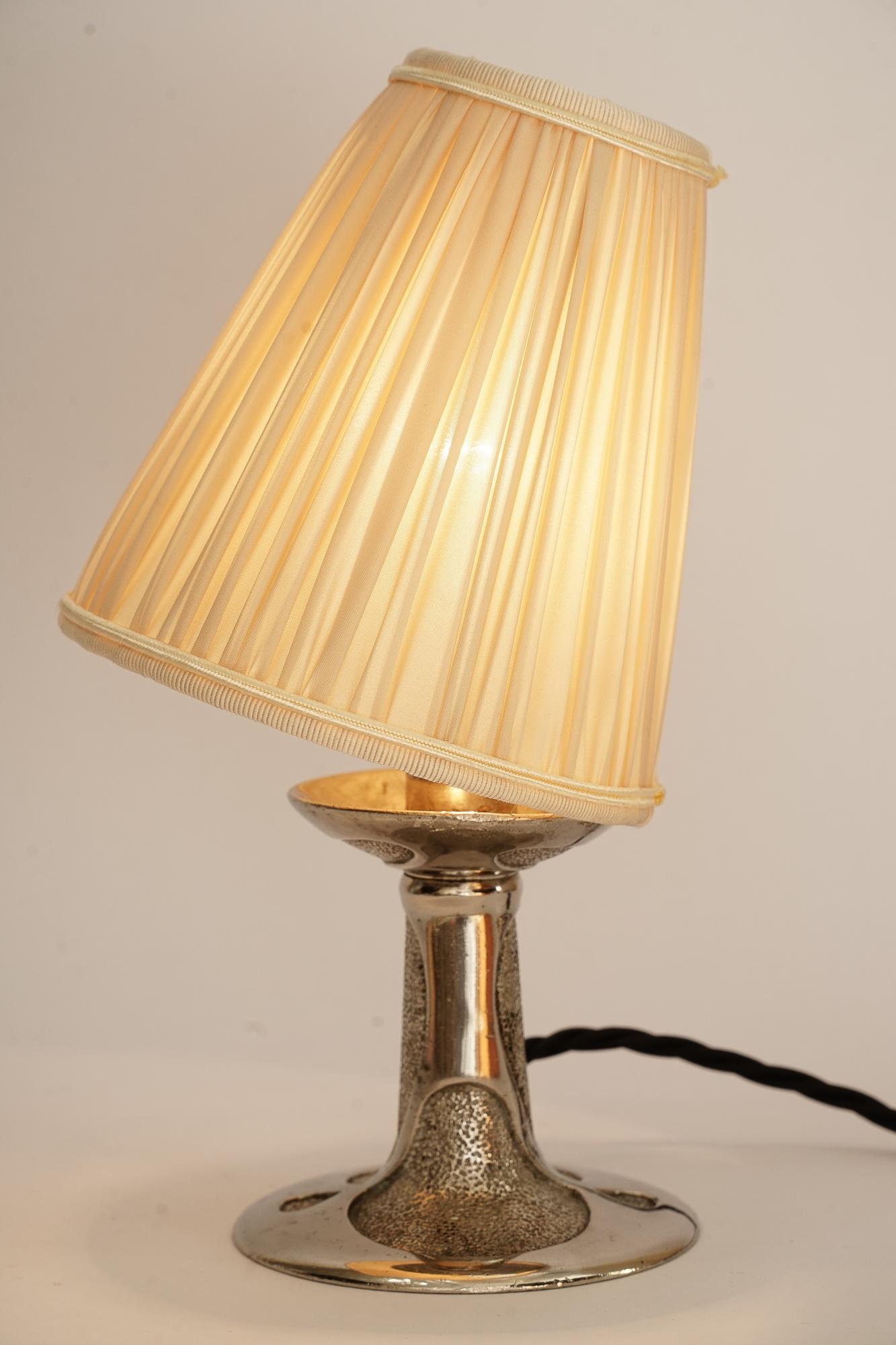 Massive Nickel Art Deco Table Lamp Vienna Around 1920 with Fabric Shade 3