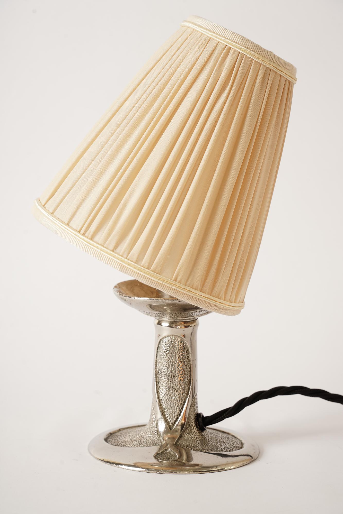 Plated Massive Nickel Art Deco Table Lamp Vienna Around 1920 with Fabric Shade