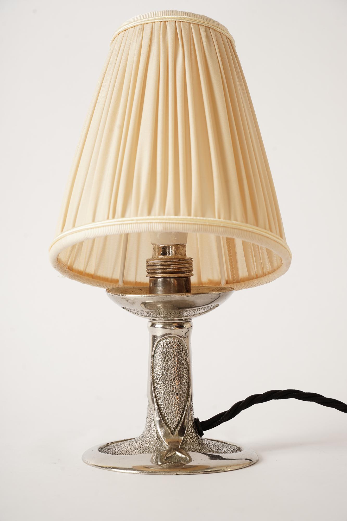Early 20th Century Massive Nickel Art Deco Table Lamp Vienna Around 1920 with Fabric Shade
