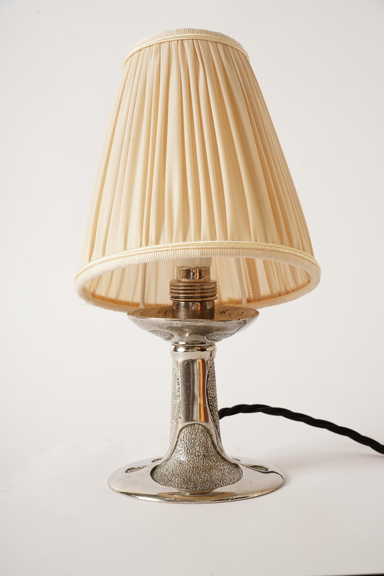 Massive Nickel Art Deco Table Lamp Vienna Around 1920 with Fabric Shade 1