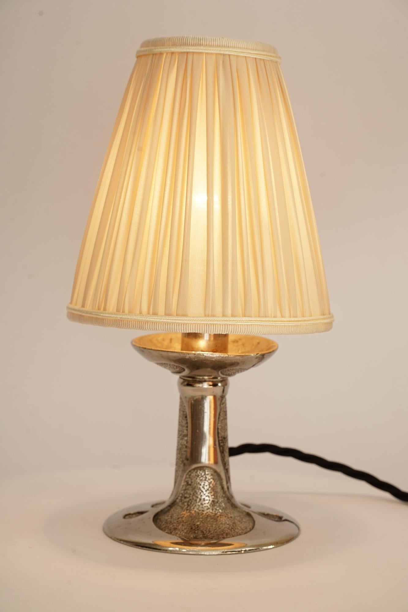 Massive Nickel Art Deco Table Lamp Vienna Around 1920 with Fabric Shade 2