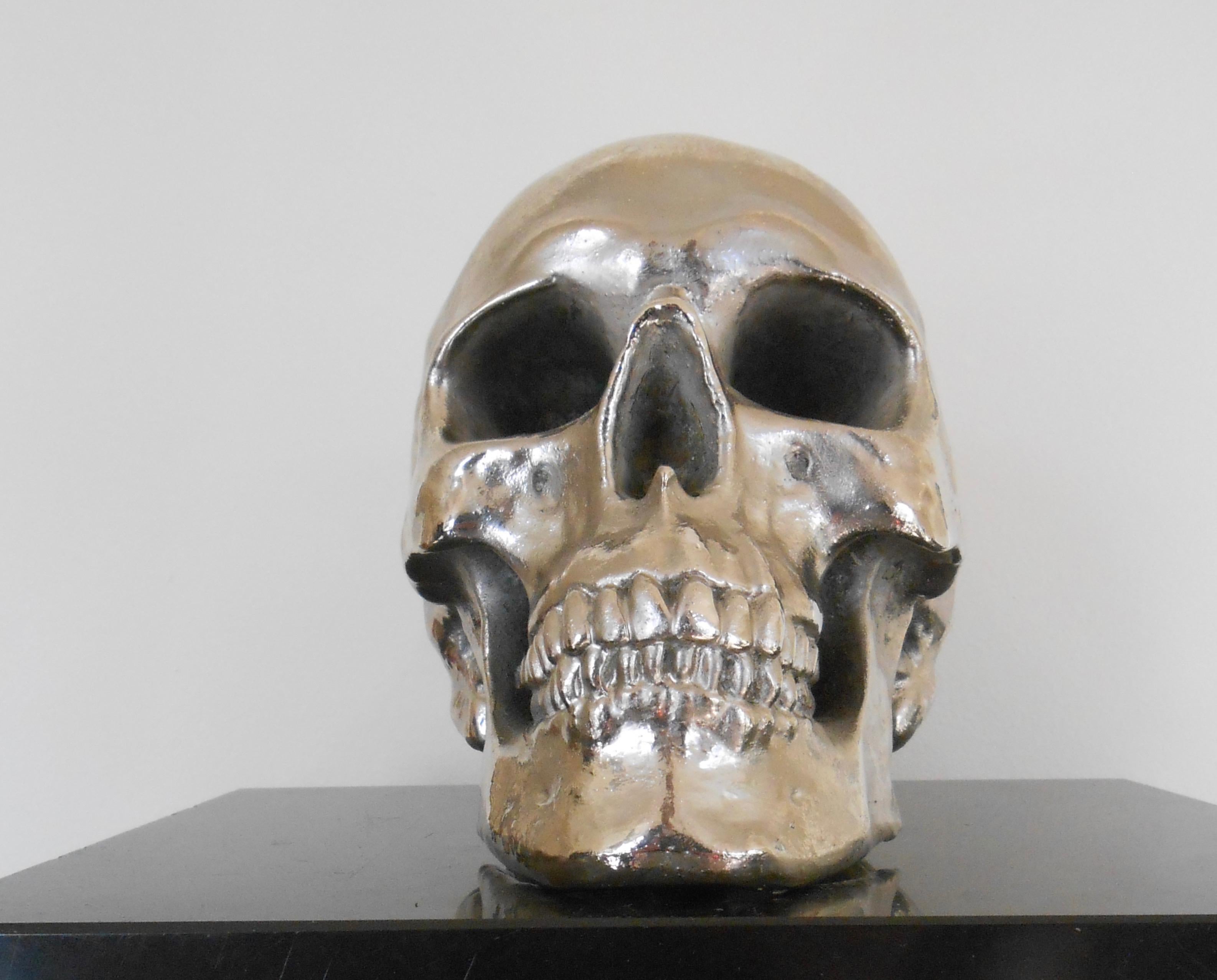 Mid-Century Modern Massive Nickeled Resin Skull Signed Y.D., Belgium, 1989 For Sale