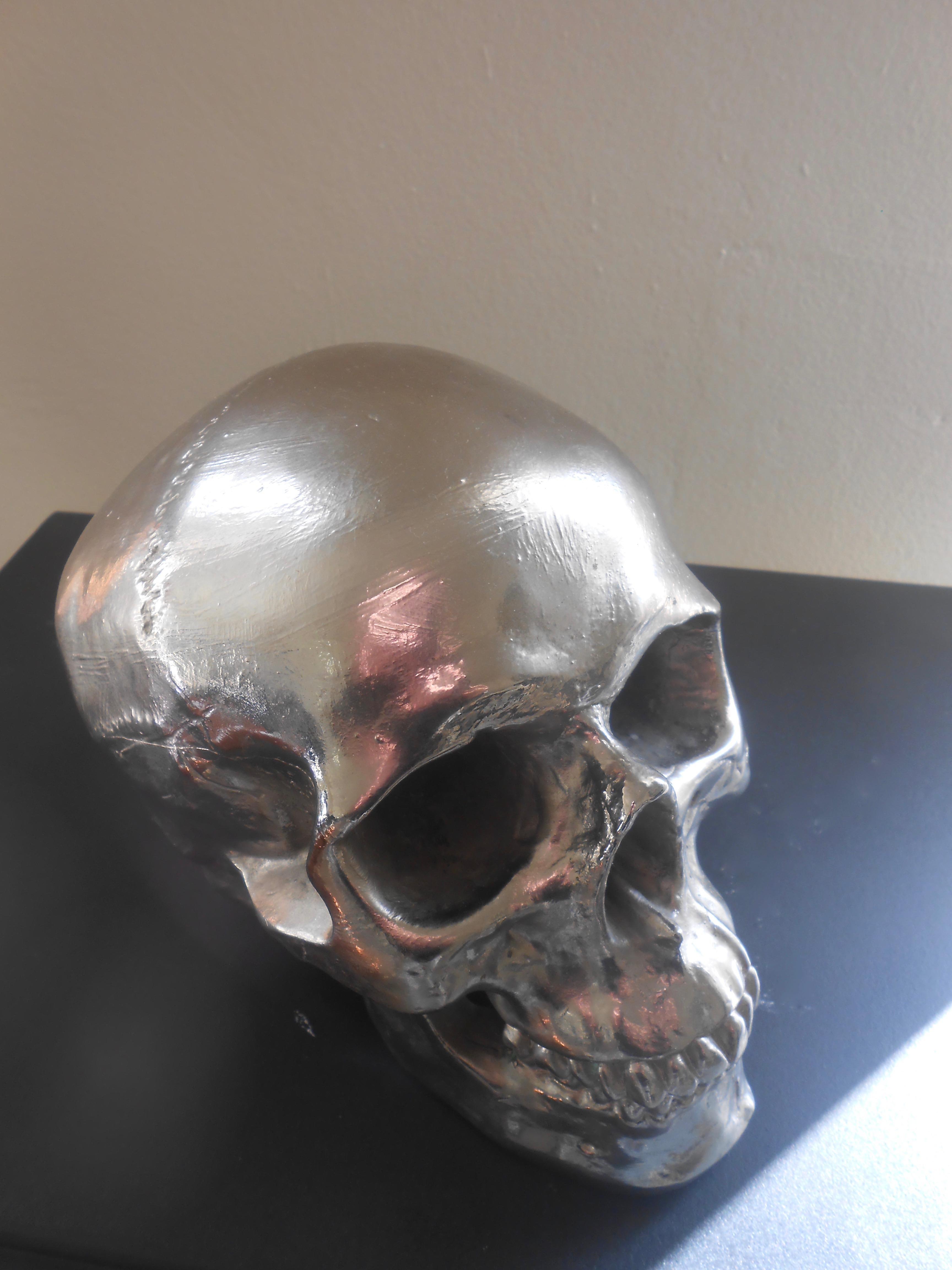 Massive Nickeled Resin Skull Signed Y.D., Belgium, 1989 In Good Condition For Sale In Brussels, BE