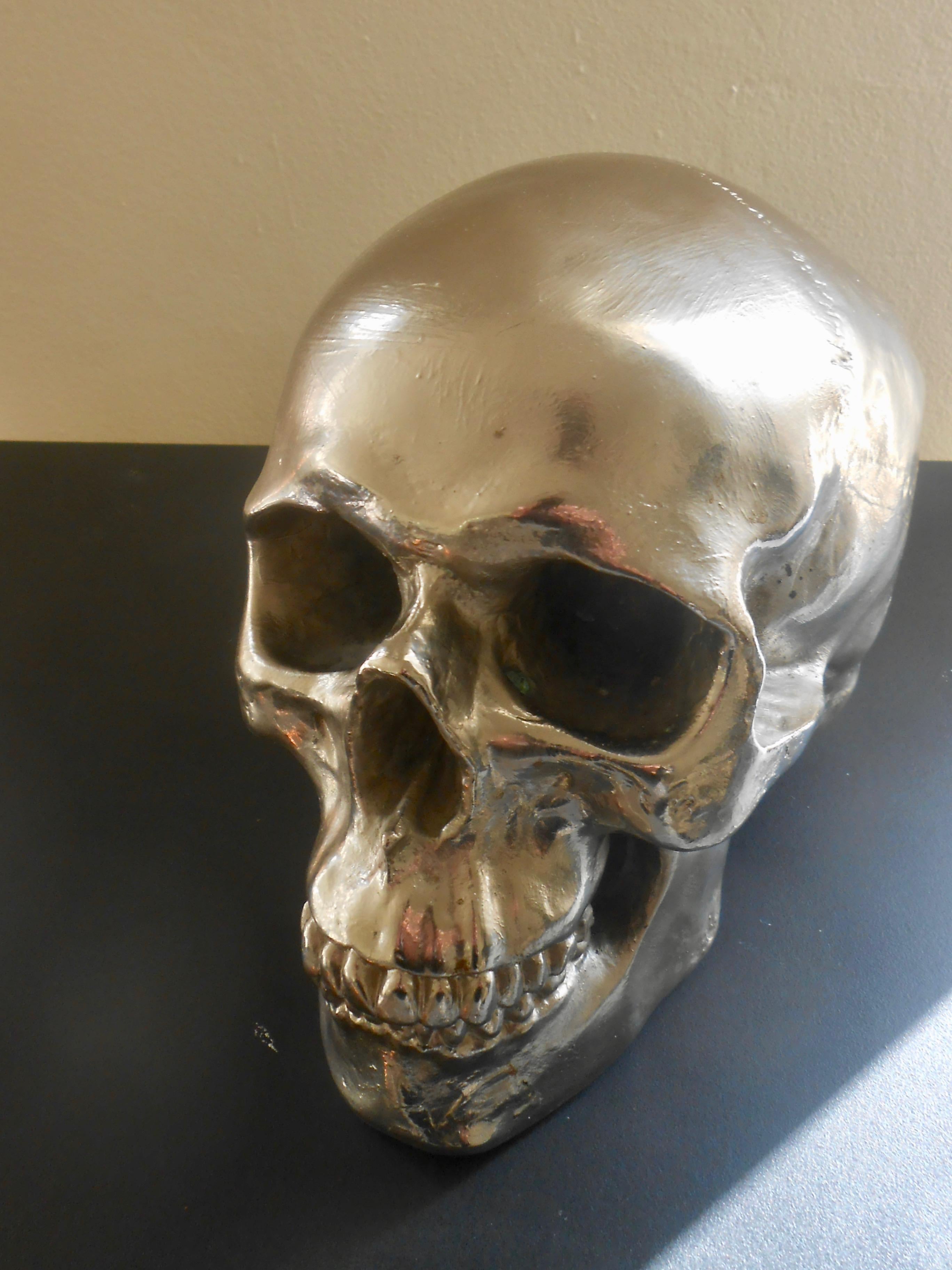 Late 20th Century Massive Nickeled Resin Skull Signed Y.D., Belgium, 1989 For Sale