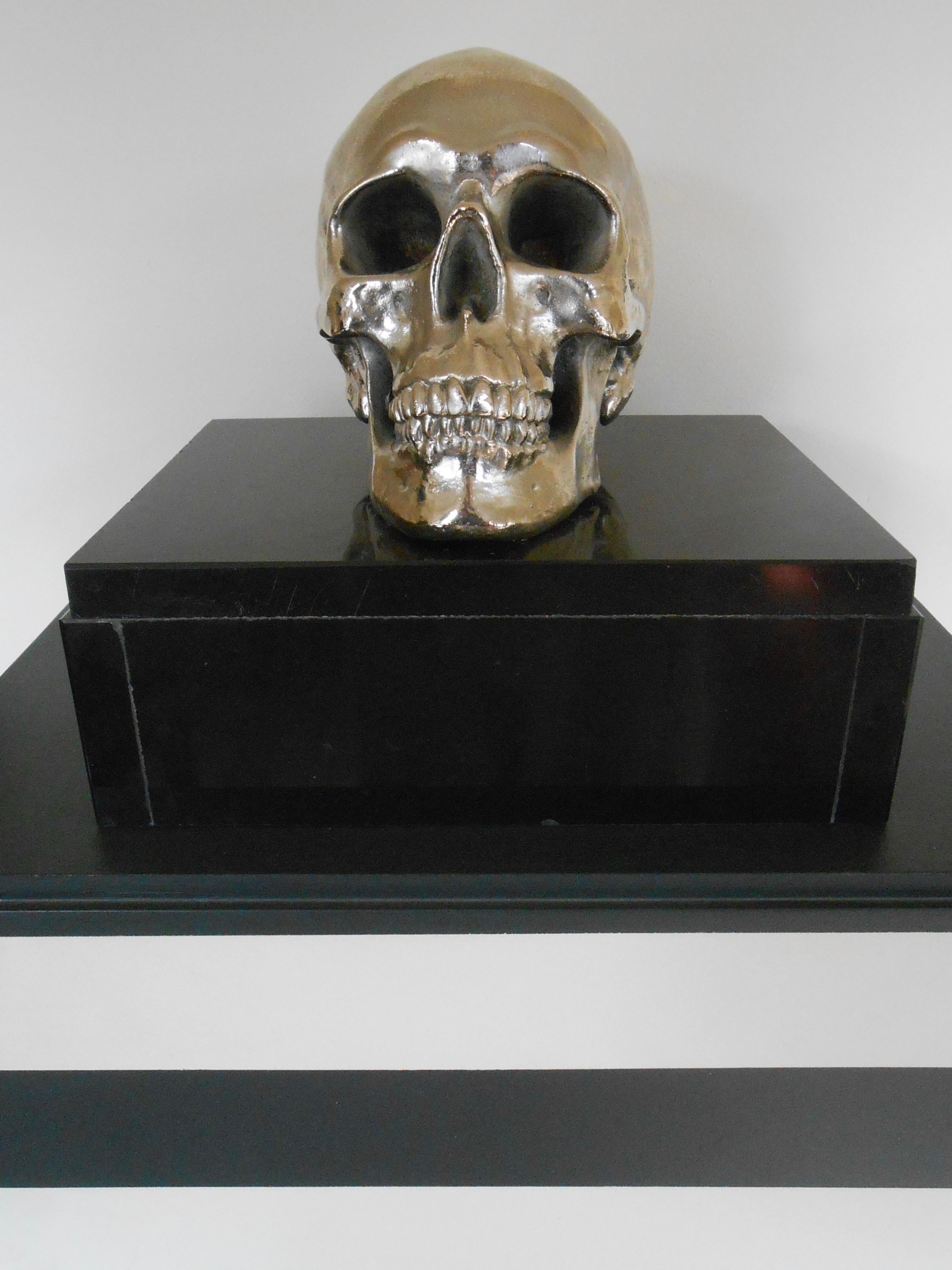 Massive Nickeled Resin Skull Signed Y.D., Belgium, 1989 For Sale 1