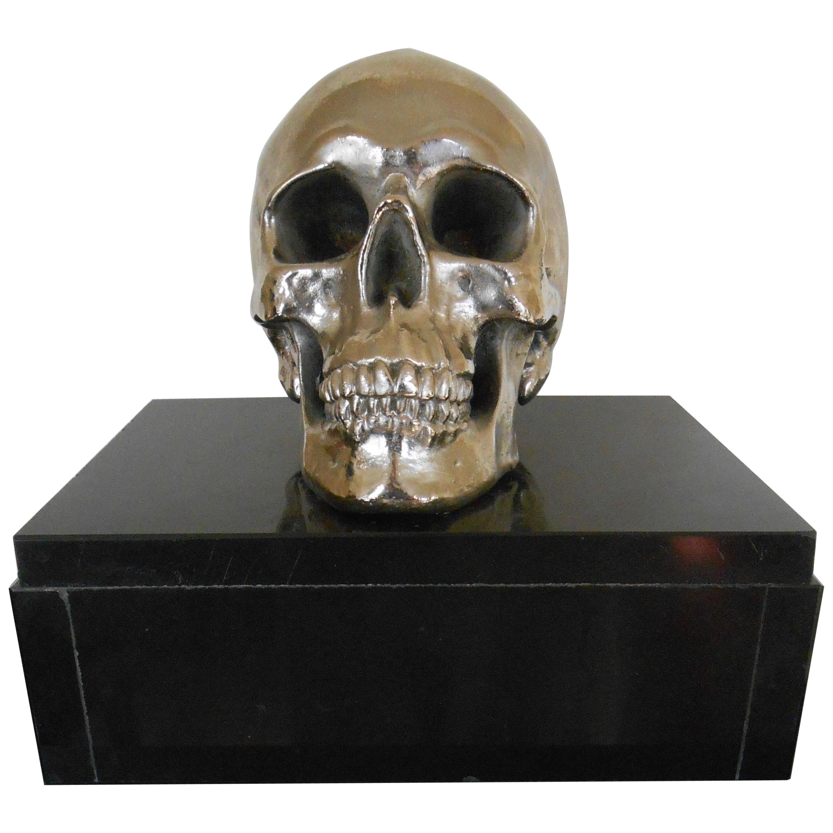 Massive Nickeled Resin Skull Signed Y.D., Belgium, 1989 For Sale