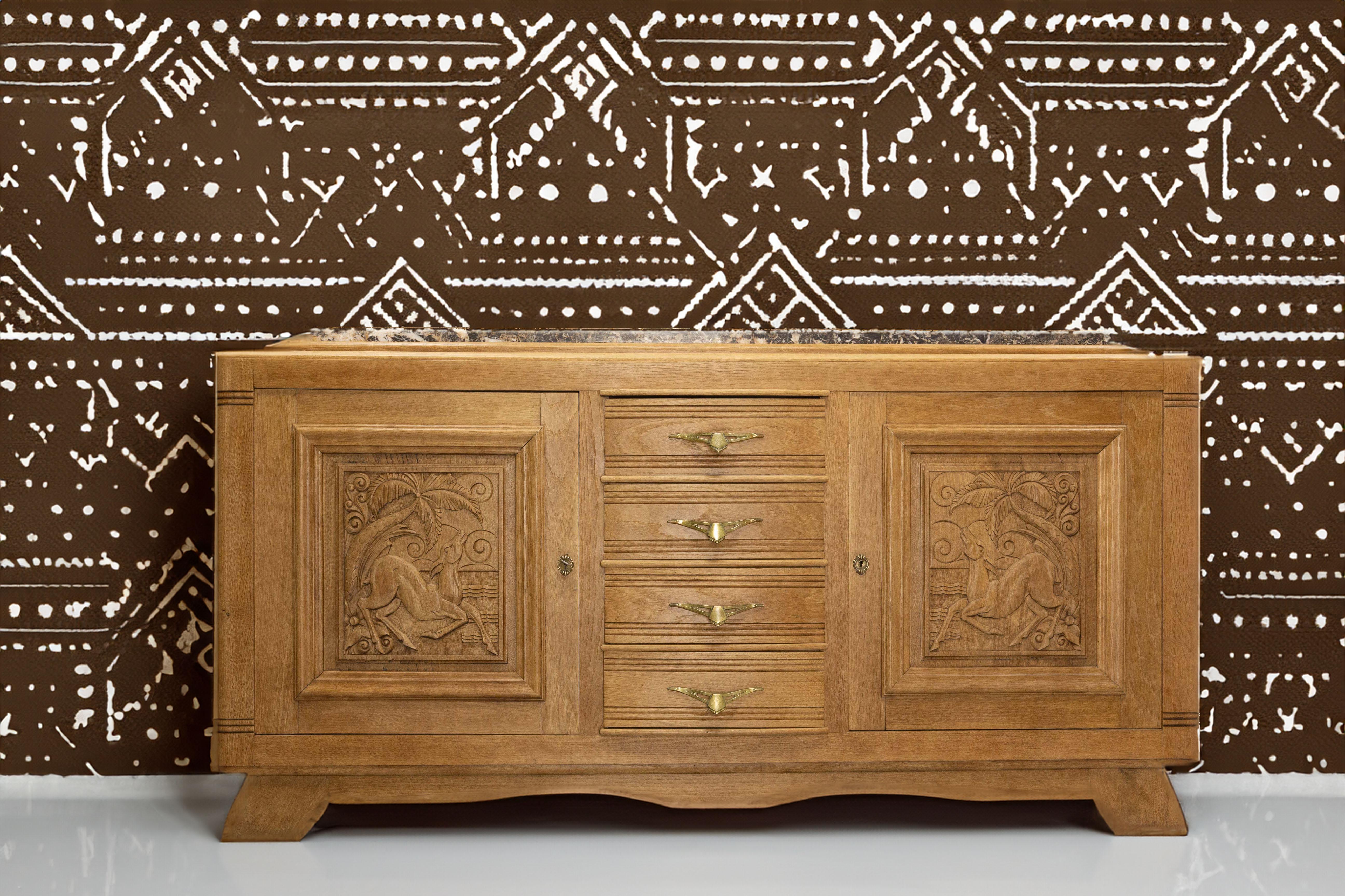 Massive Oak and Marble Top Antelopes Credenza Sideboard French Buffet, C. 1940 For Sale 14