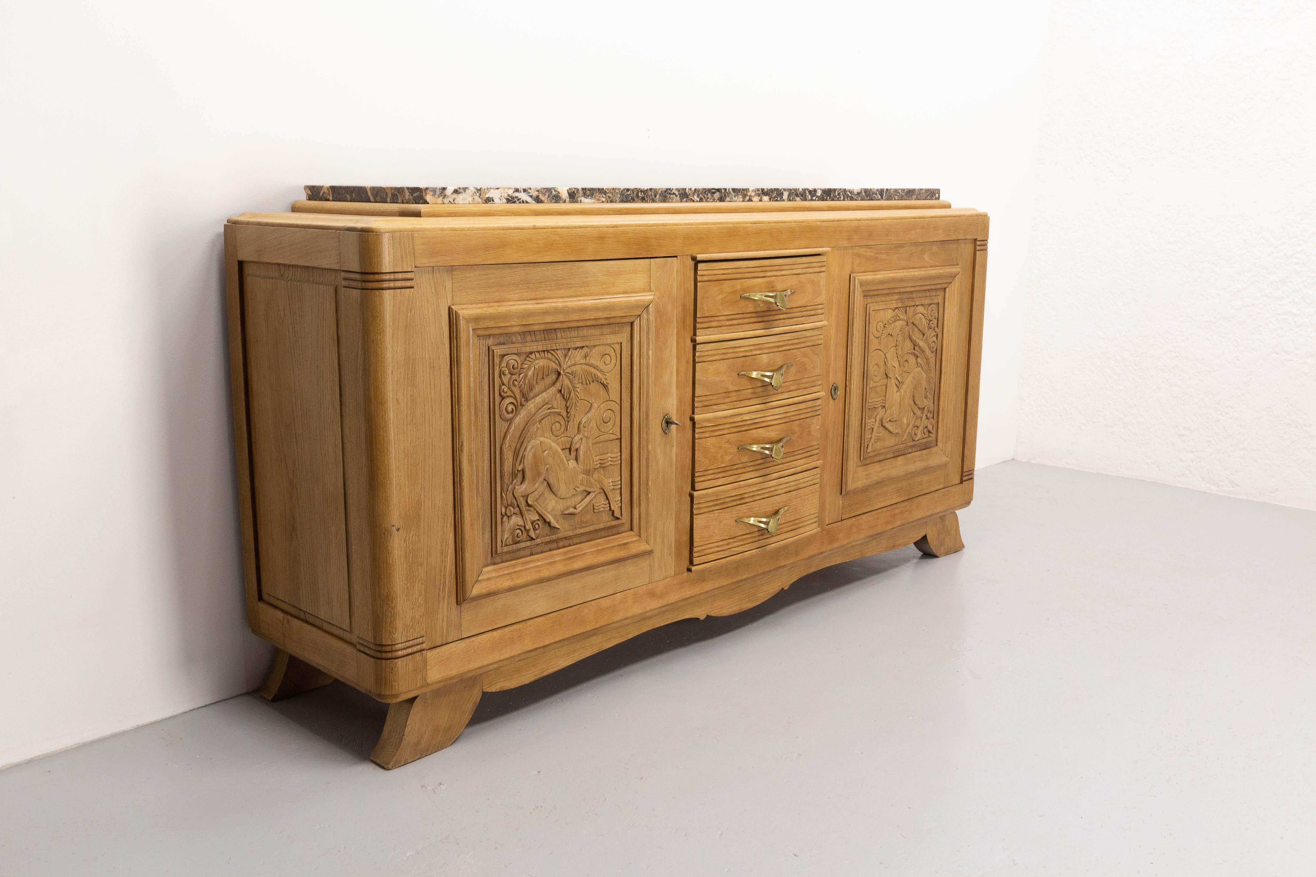 Massive Oak and Marble Top Antelopes Credenza Sideboard French Buffet, C. 1940 In Good Condition For Sale In Labrit, Landes