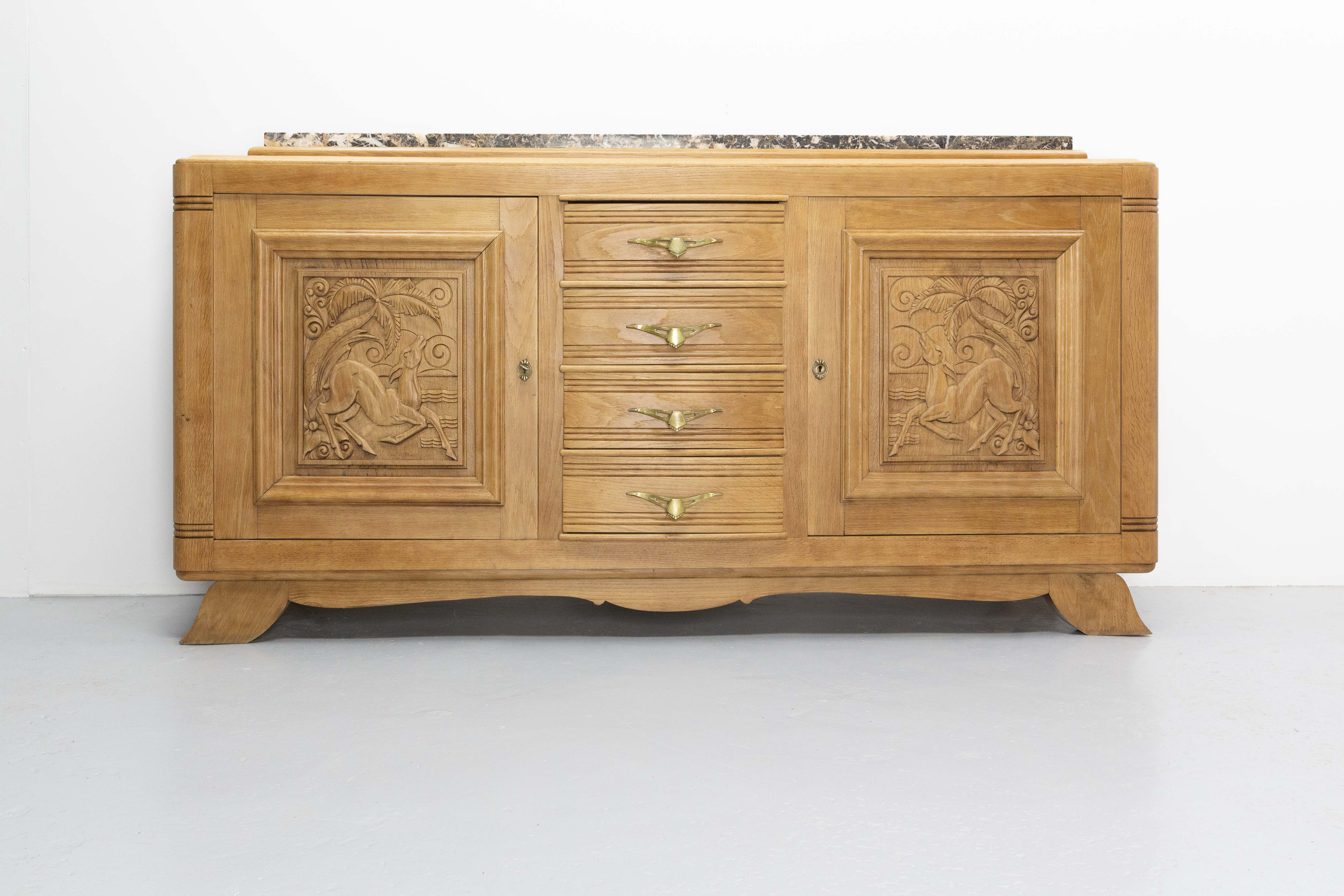 Massive Oak and Marble Top Antelopes Credenza Sideboard French Buffet, C. 1940 For Sale