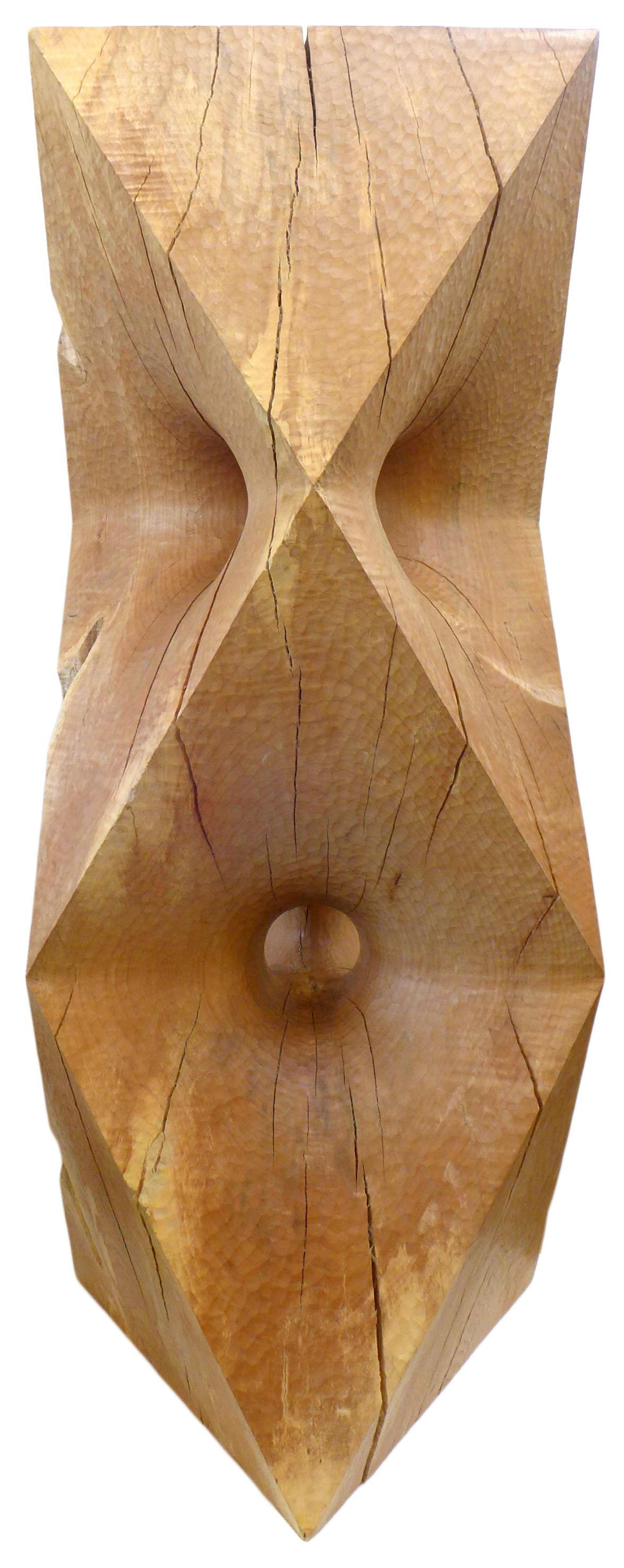 An extraordinary stacked-octahedron-abstraction sculpture in big leaf maple by Aleph Geddis. Of the artist's Hard/Soft series, exploring extensions, extractions and fusions of geometric forms, a massive and impressive monument, wonderfully and