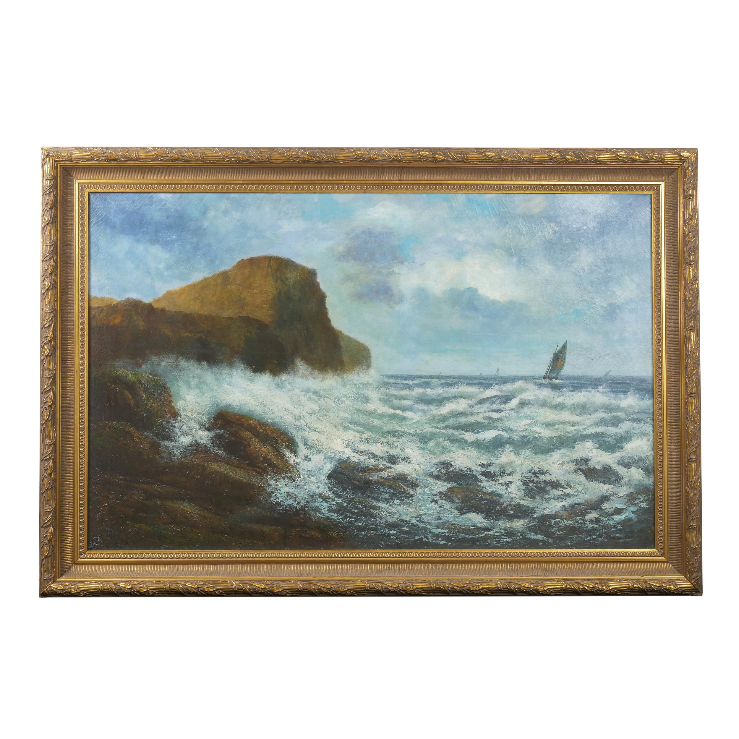 A massive coastal seascape painting by Pennsylvania artist Victor Shearer, the scene captures the tumultuous coastline as the waves break against the rocks below bright blue skies. With a heavy and thick impasto that layers and builds significant