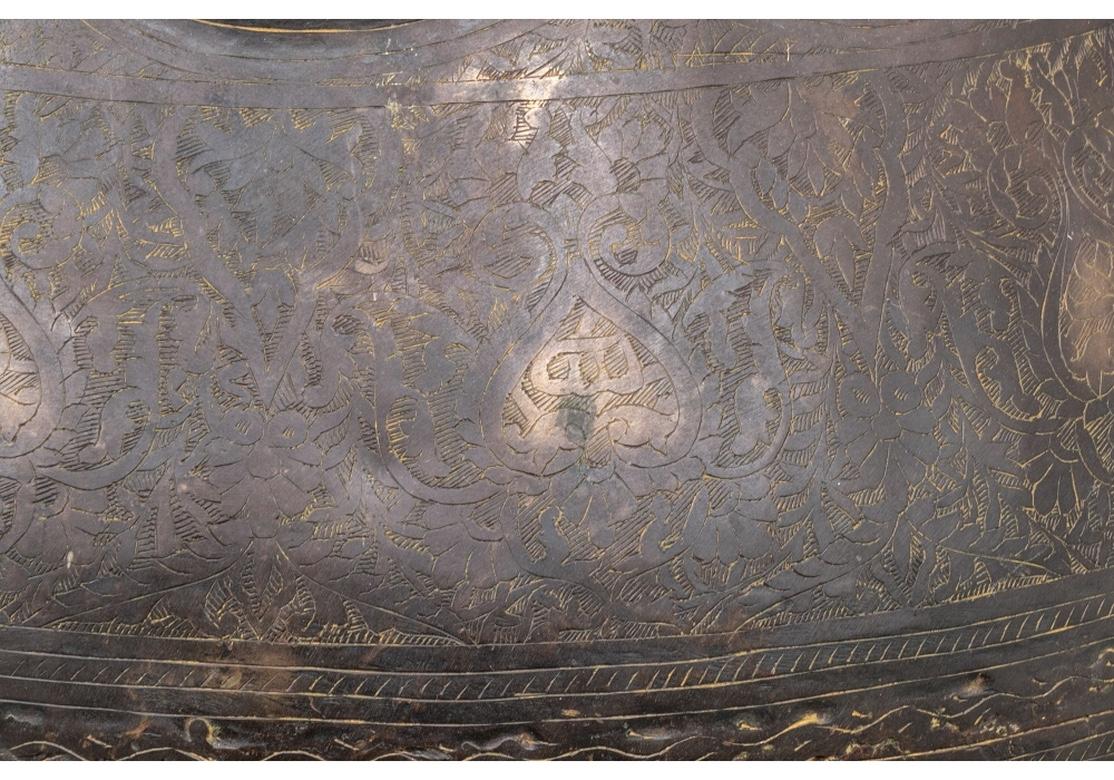 Massive Older Age Patinated and Engraved Brass Handled Urn For Sale 2