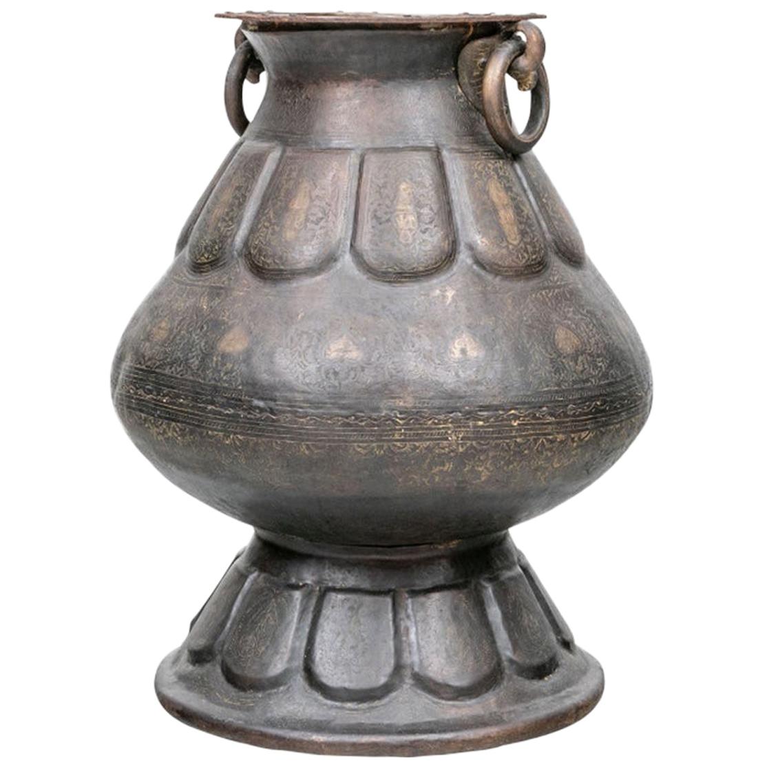 Massive Older Age Patinated and Engraved Brass Handled Urn For Sale