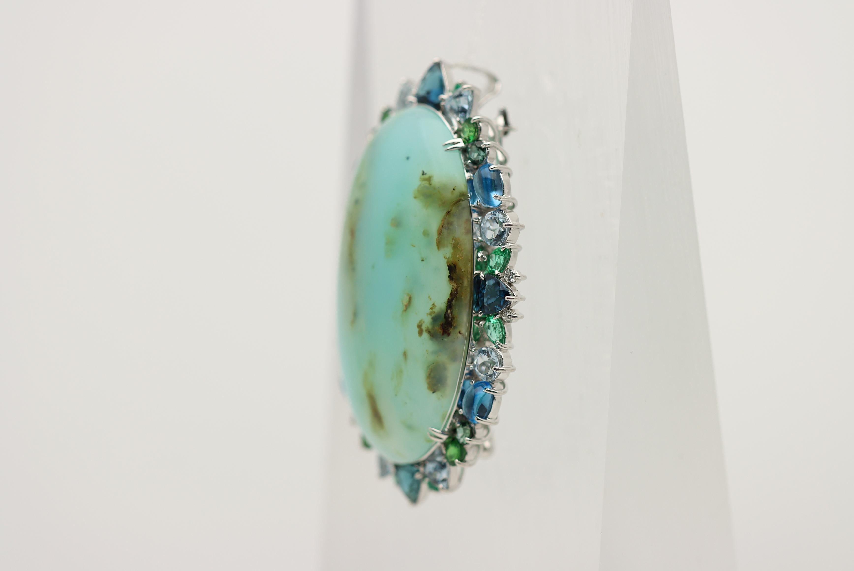 Oval Cut Massive Opal Multi-Color Gemstone Diamond Platinum Pendant Brooch