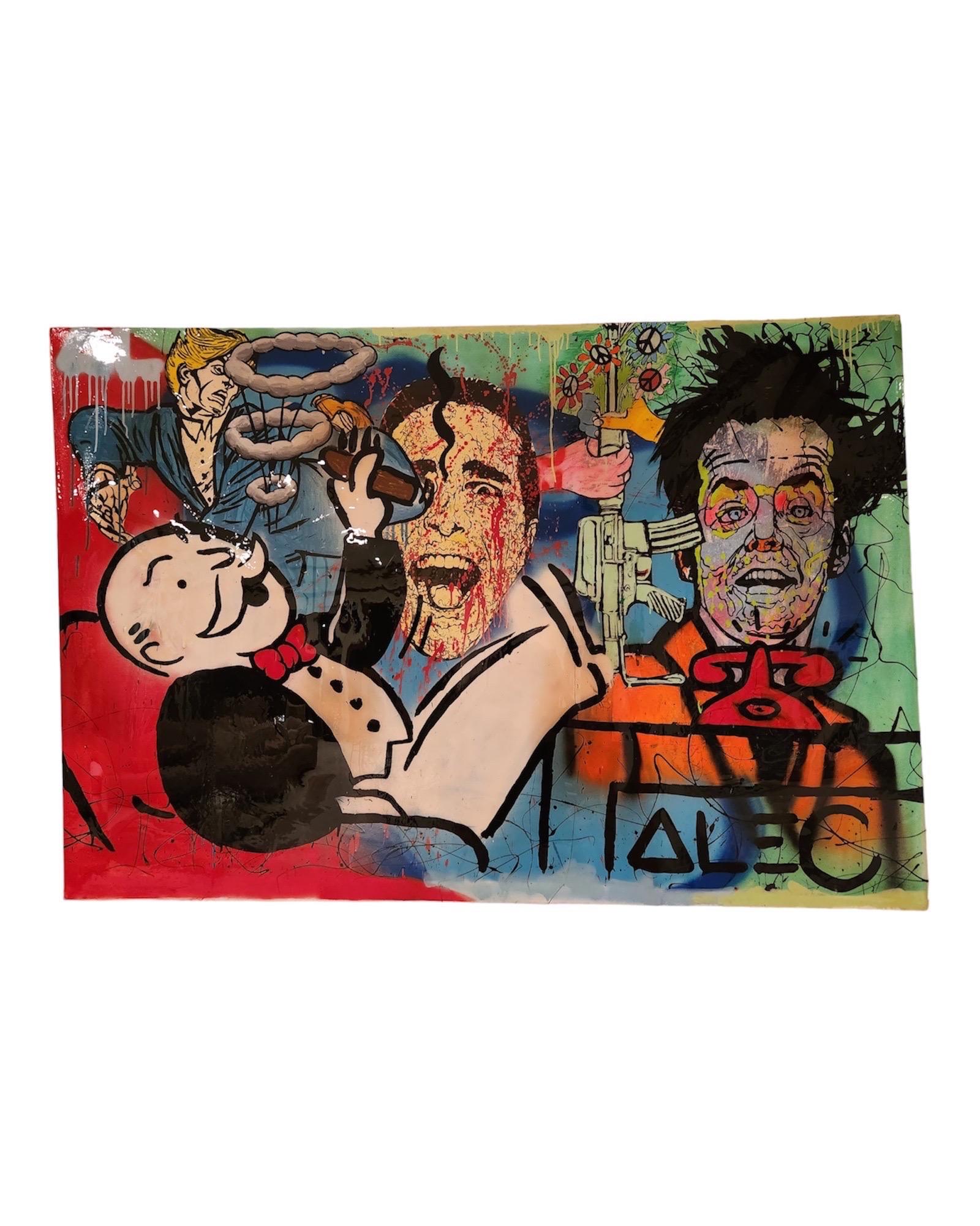 This is an original mixed-media art piece, executed in acrylic paint on stretched canvas, and finished with a glossy resin overlay. 

The piece was completed ca. 2010 by street artist Alec Monopoly (born Alec Andon) and purchased directly from the