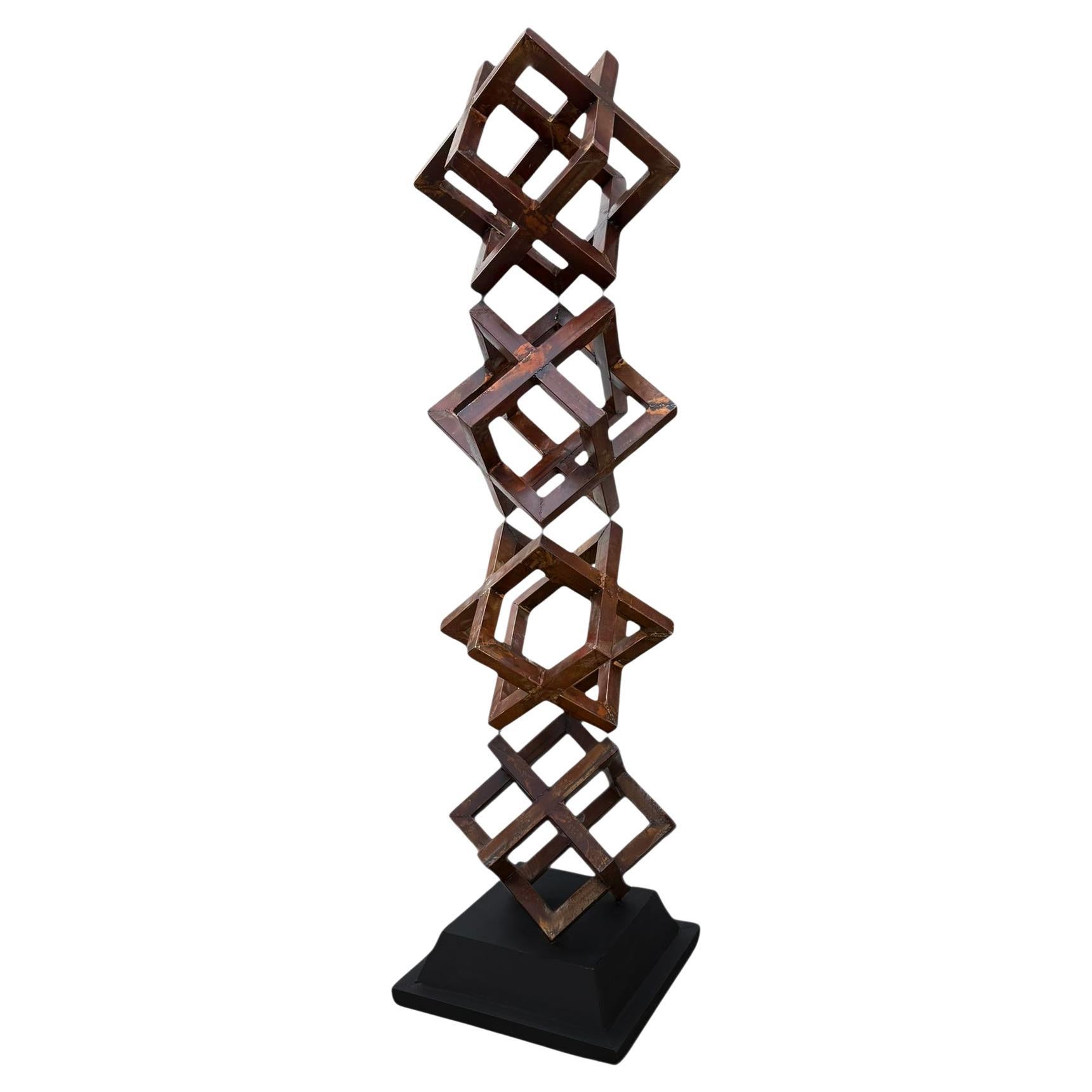 Massive Outdoor Abstract Steel Floor Sculpture in Geometric Stacked Cube Form For Sale