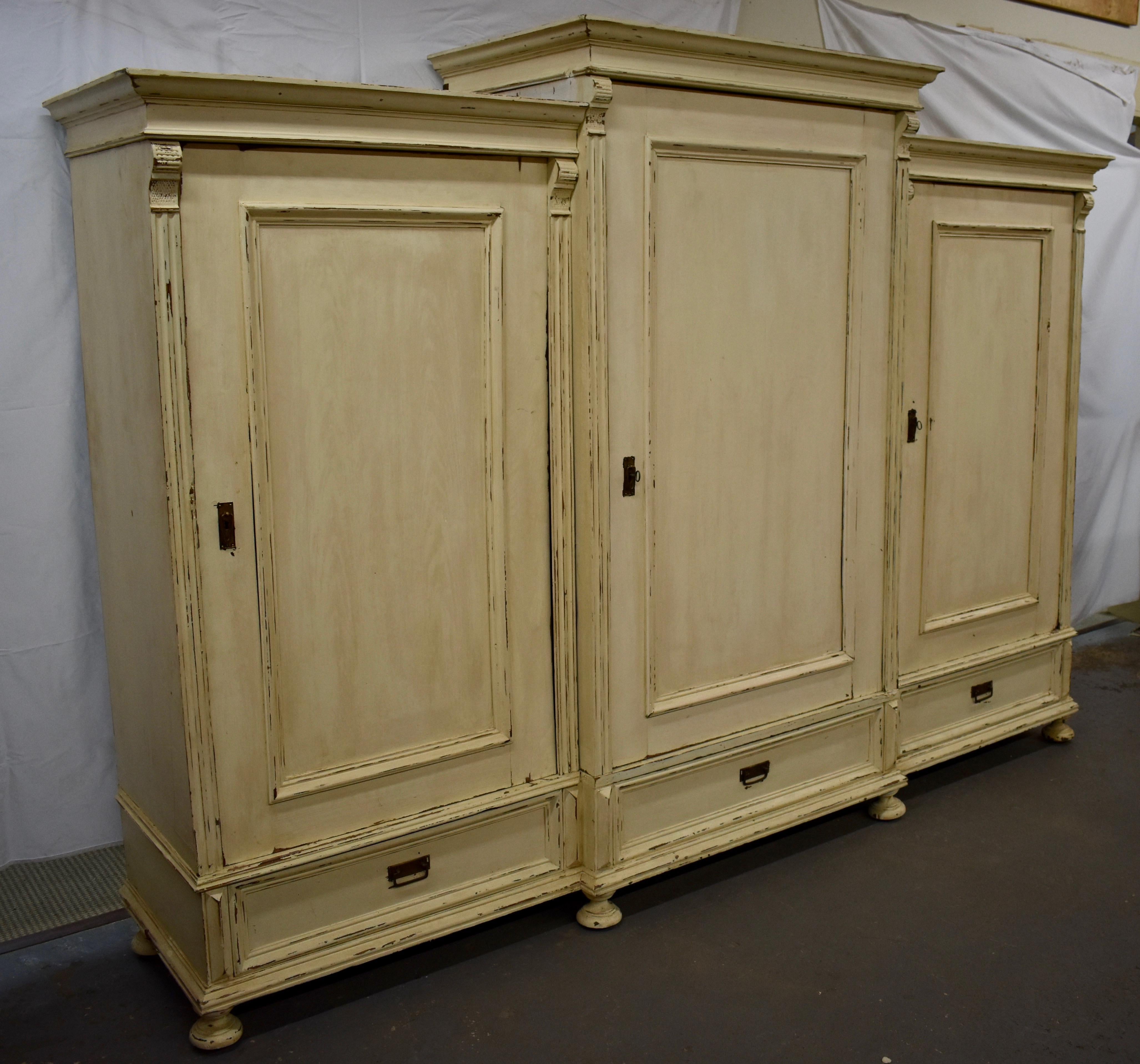 Hungarian Massive Painted Pine and Oak Three-Door Armoire