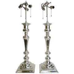 Massive Pair of E. F. Caldwell Silver Plated Bronze Candlestick Lamps