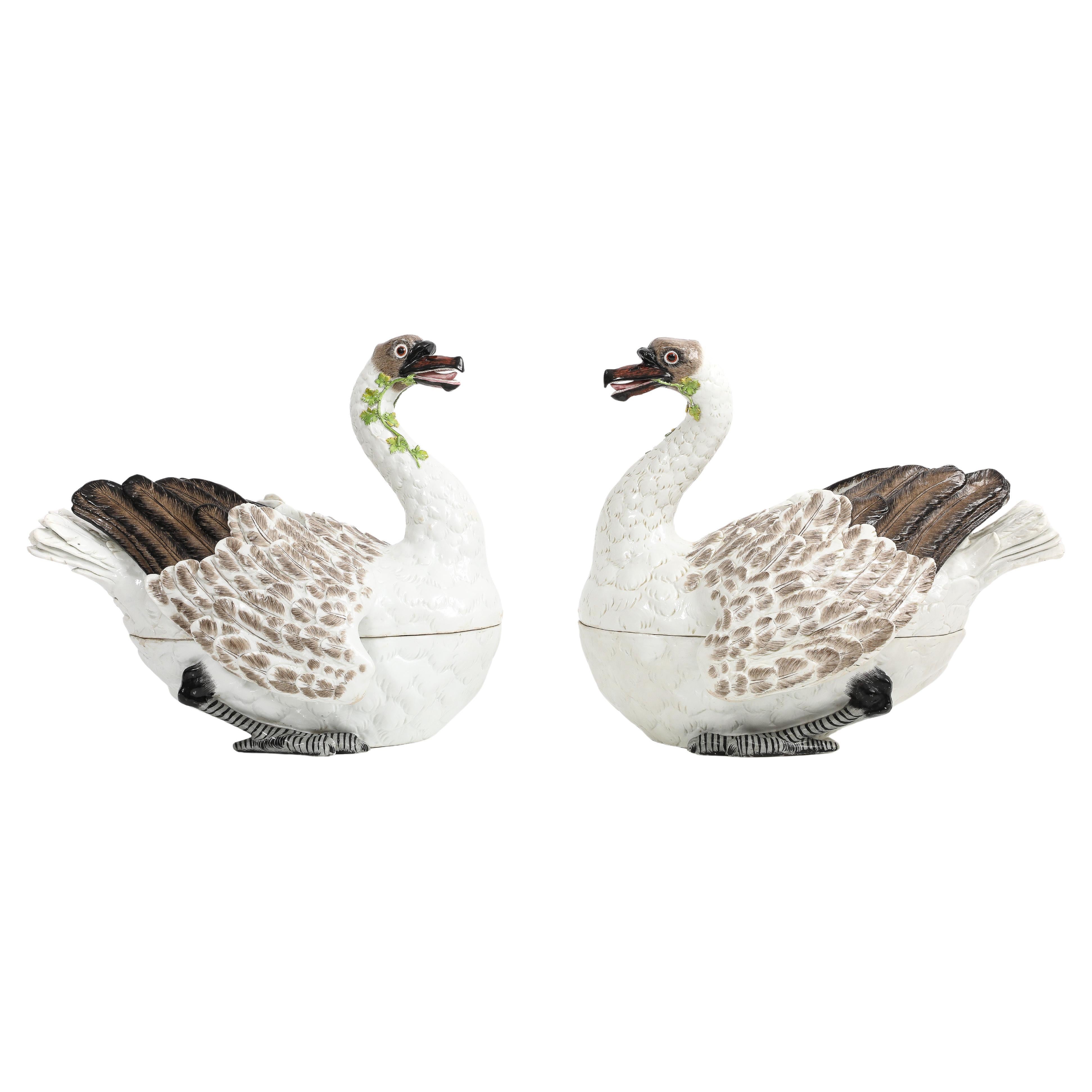 Massive Pair, Meissen Porcelain Swan Covered Tureens , Centerpieces, Museum Deac