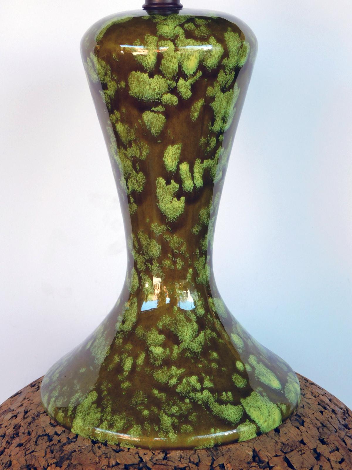 Carved Large Pair of American 1960s Cork Lamps with Mottled Olive-Green Ceramic Mounts For Sale