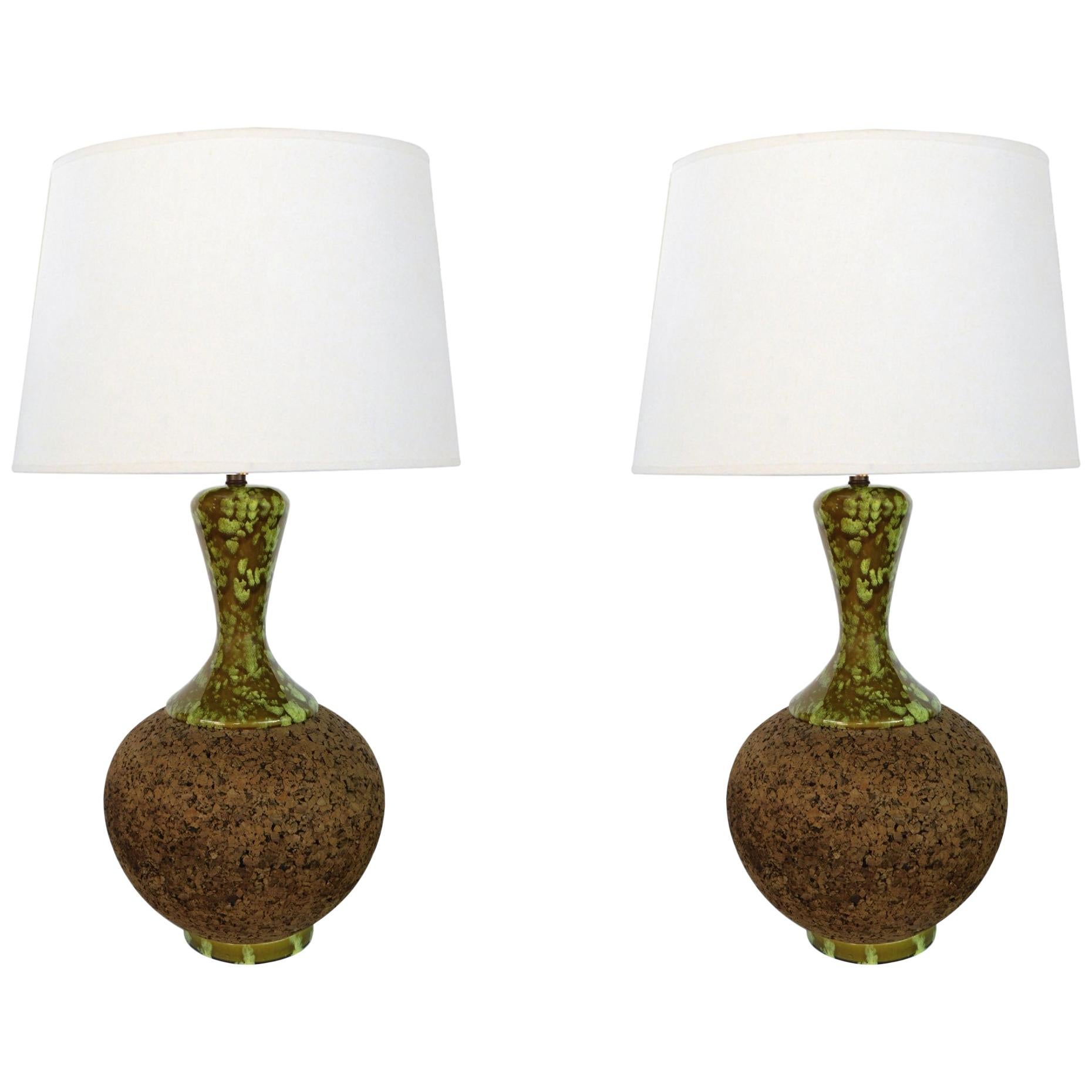 Large Pair of American 1960s Cork Lamps with Mottled Olive-Green Ceramic Mounts