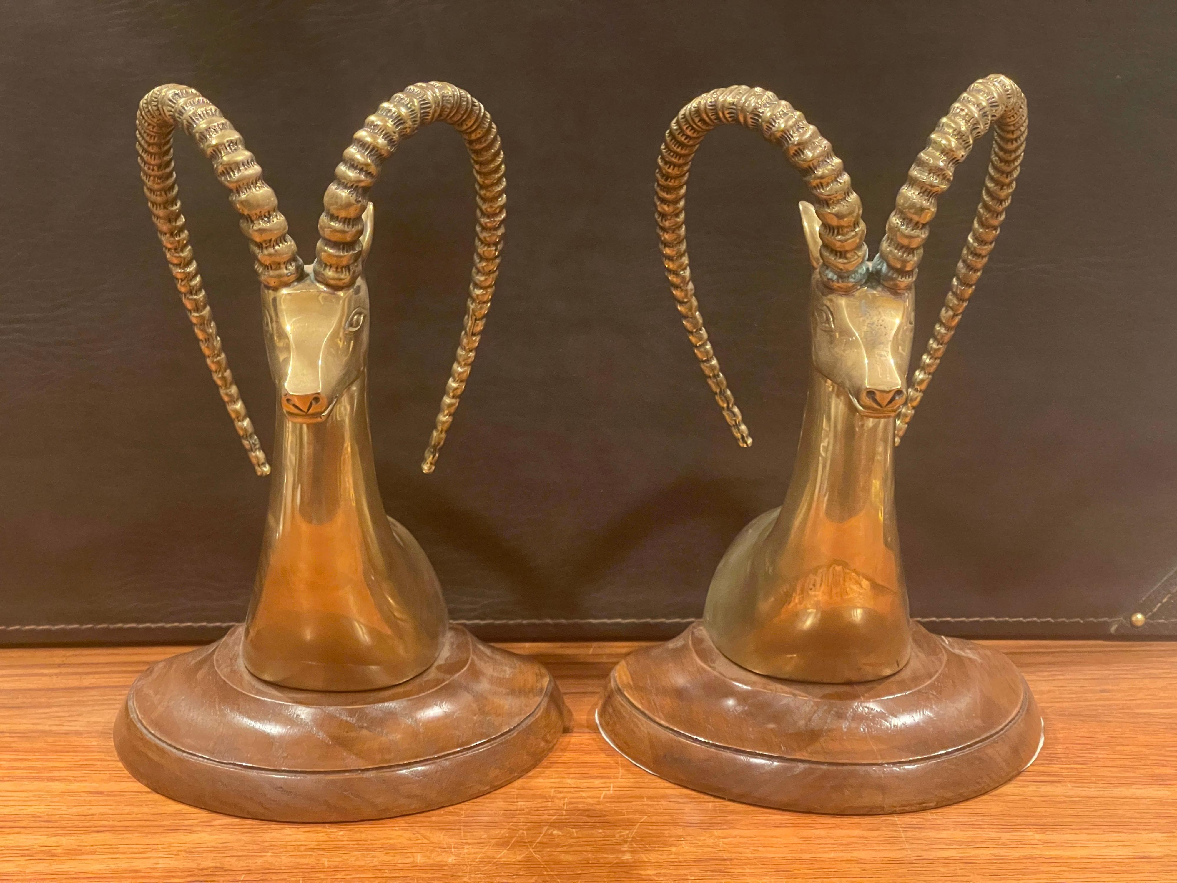 Massive Pair of Brass on Walnut Base Rams Head Bookends by Sarreid For Sale 10