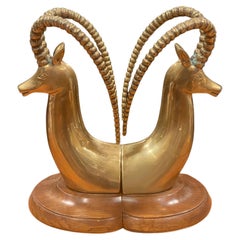 Massive Pair of Brass on Walnut Base Rams Head Bookends by Sarreid