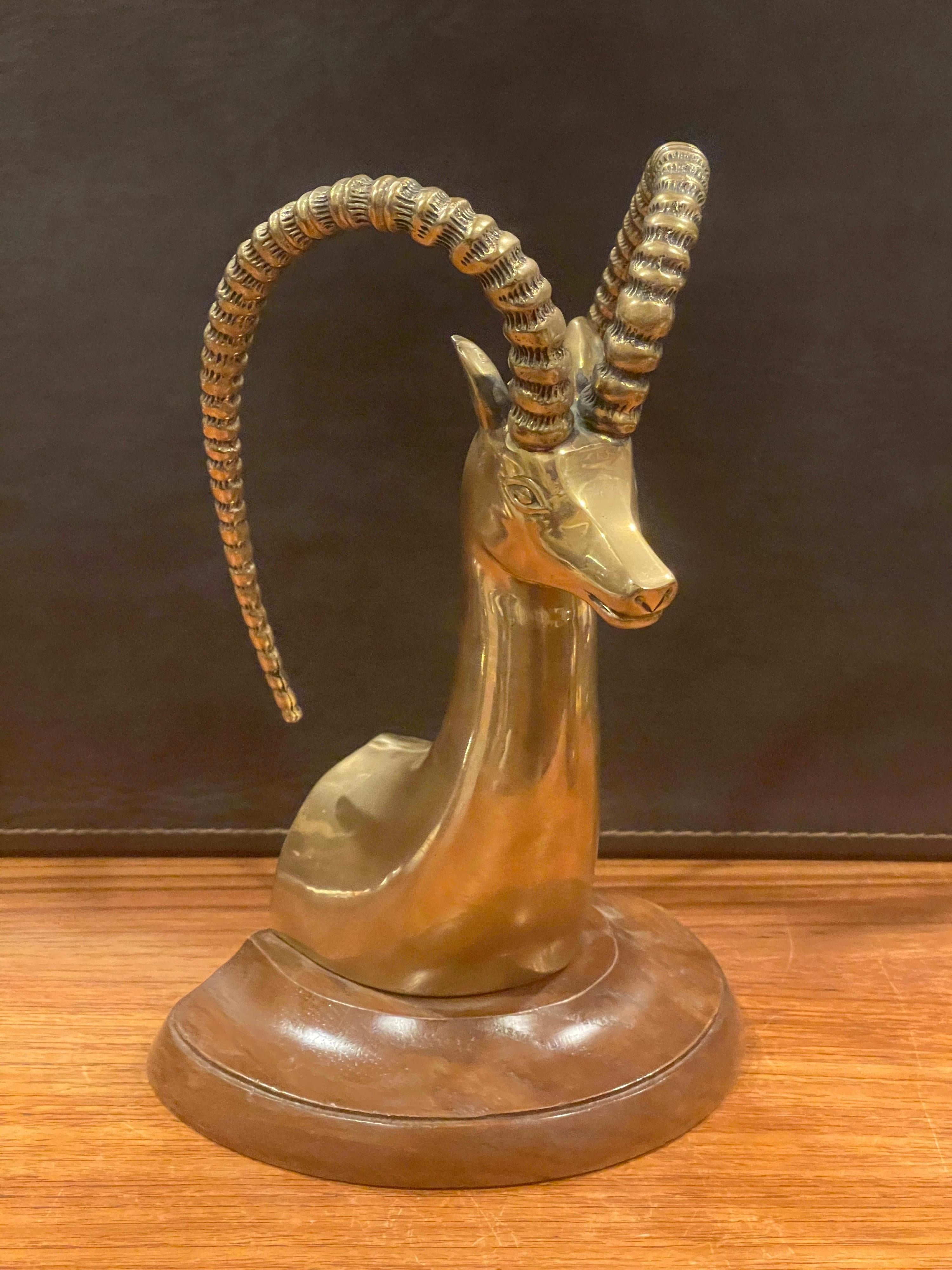 Massive Pair of Brass on Walnut Base Rams Head Bookends by Sarreid For Sale 1