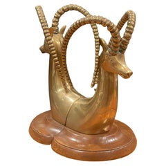 Massive Pair of Brass on Walnut Base Rams Head Bookends by Sarreid