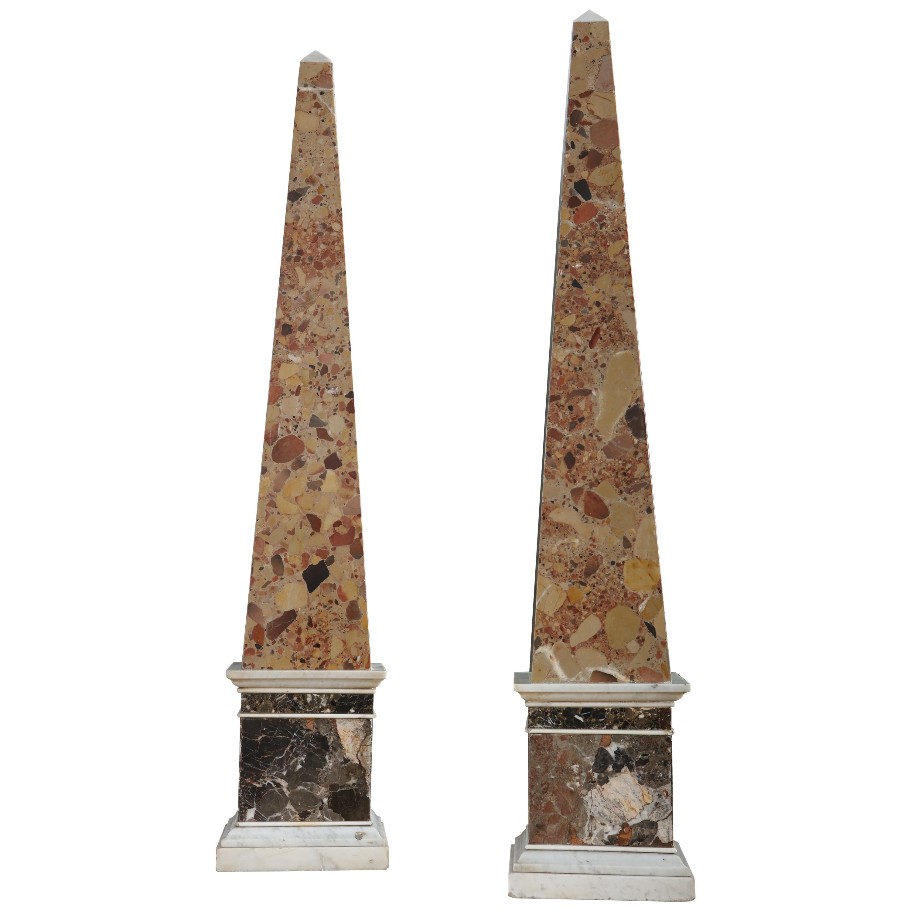 Massive Pair of Brescia and Cipollino Marble Obelisks