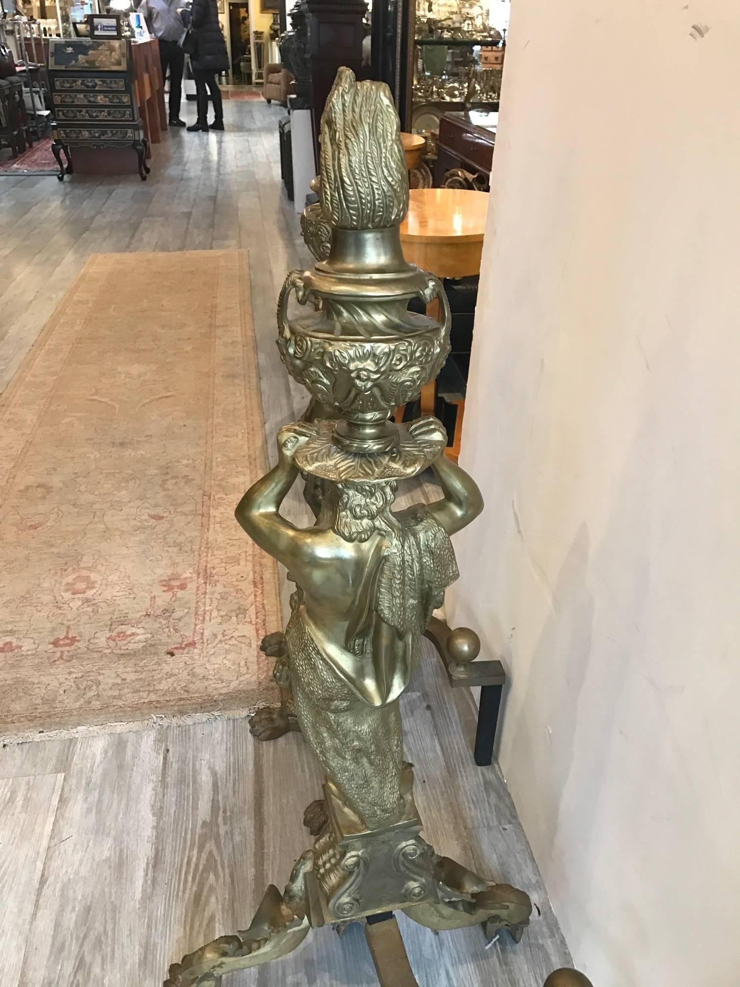 20th Century Massive Pair of Cast Brass Chenet Andirons Mythological For Sale