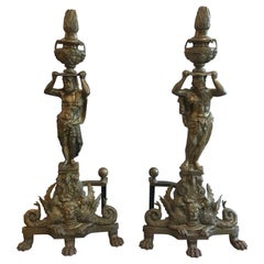 Retro Massive Pair of Cast Brass Chenet Andirons Mythological