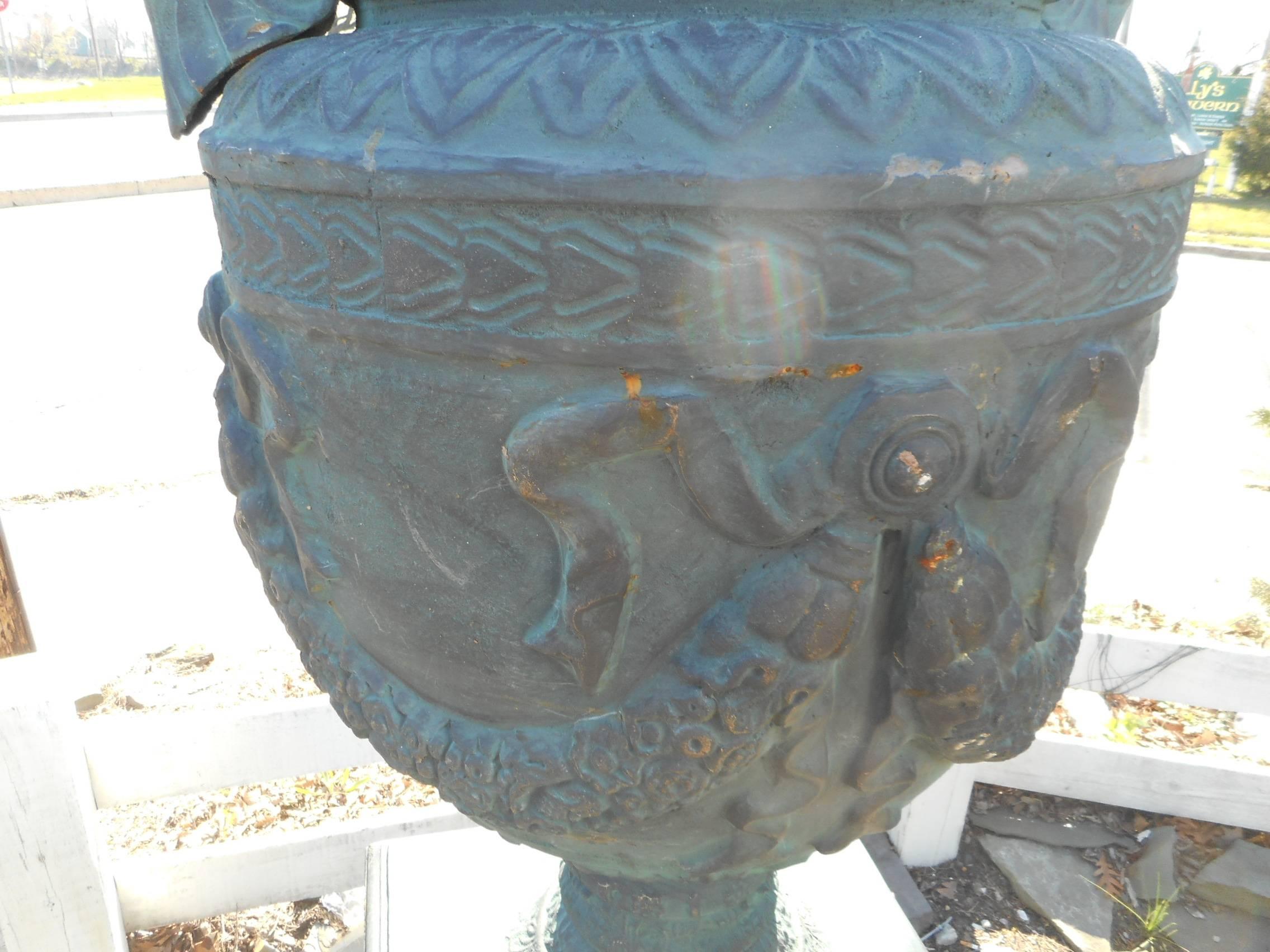 Neoclassical Massive Pair of Cast Iron Urns on Pedestal Bases