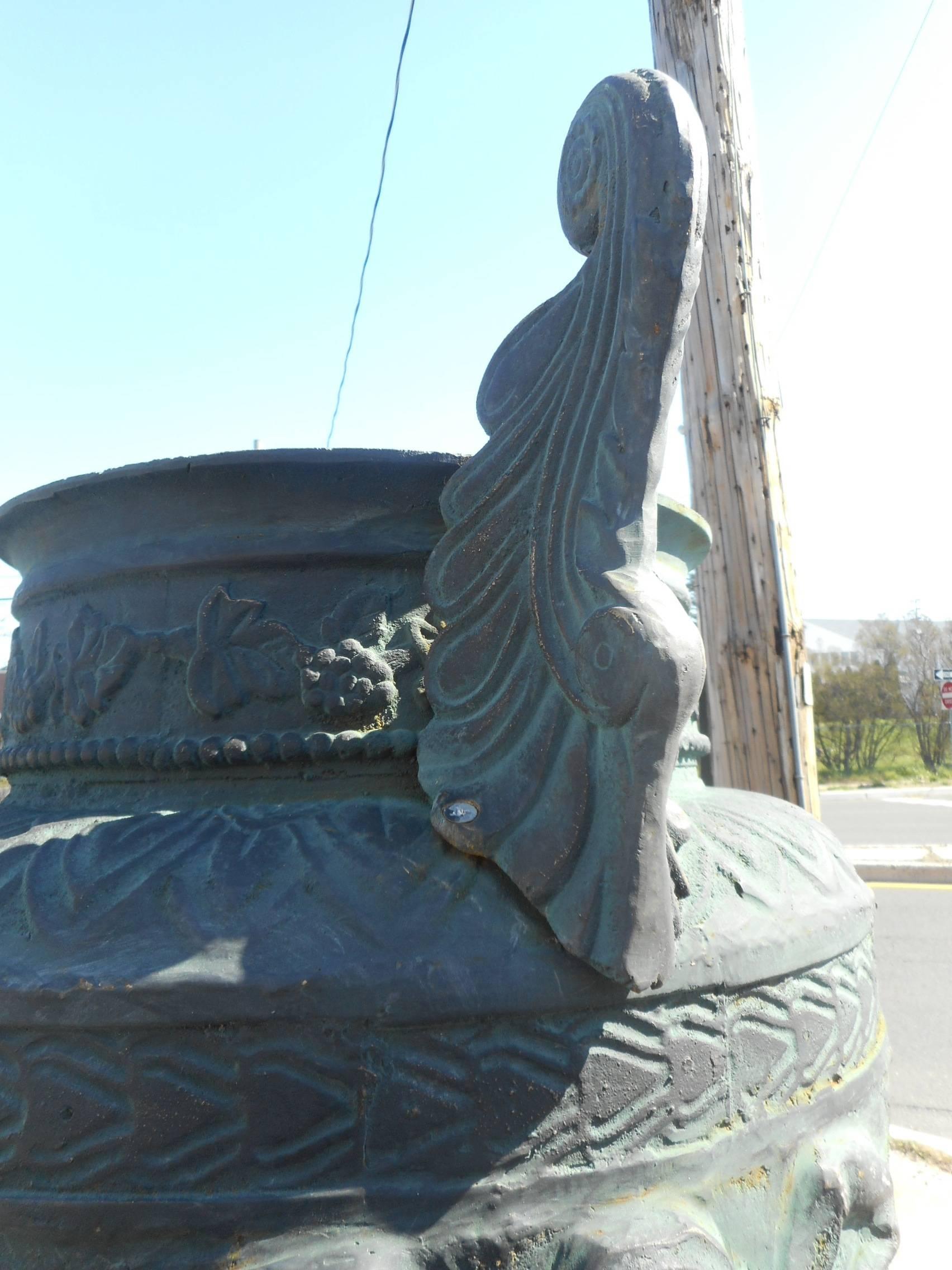20th Century Massive Pair of Cast Iron Urns on Pedestal Bases