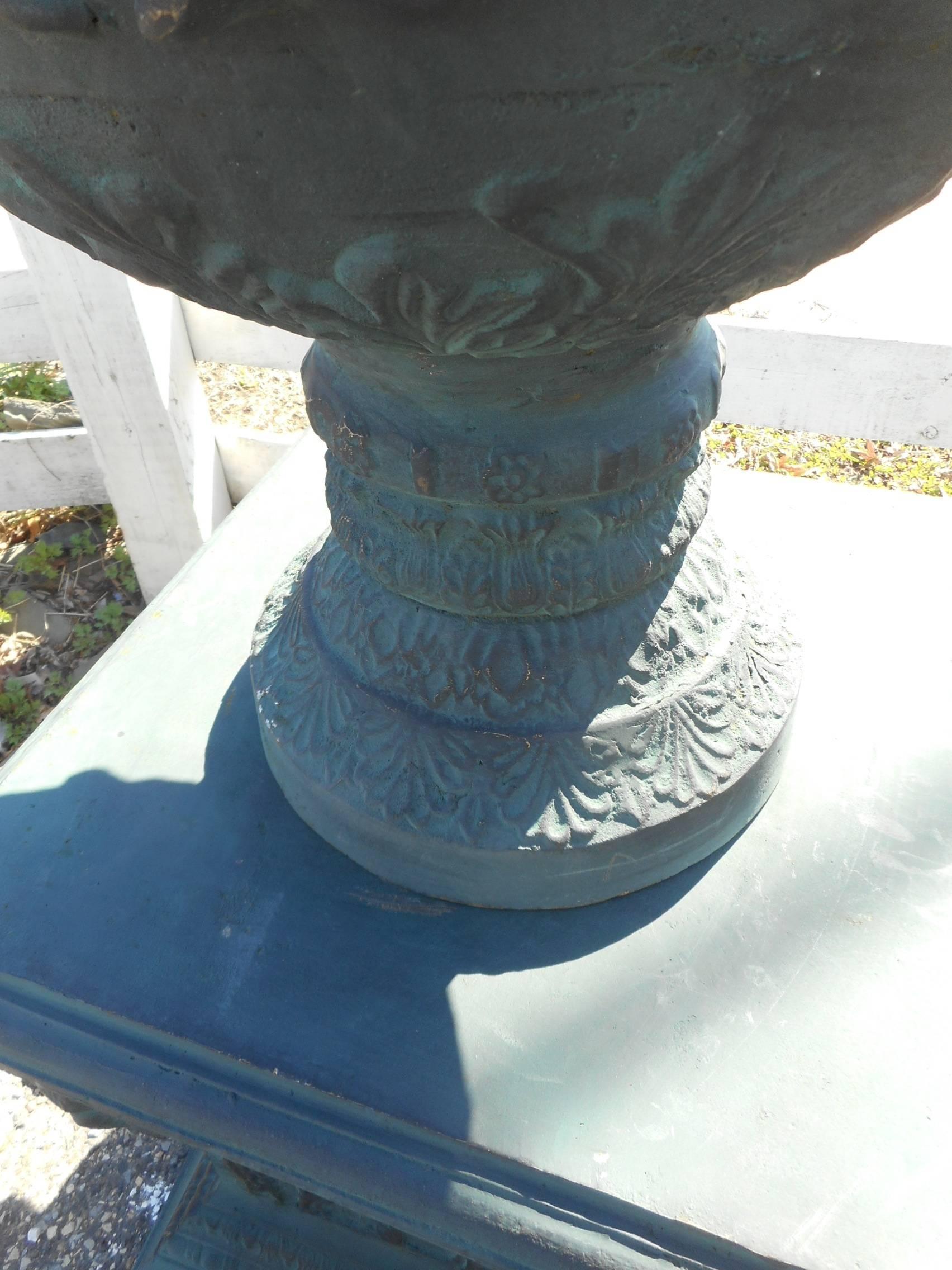 Massive Pair of Cast Iron Urns on Pedestal Bases 2