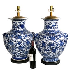 Massive Pair of Chinese Blue & White Urn-form Lamps