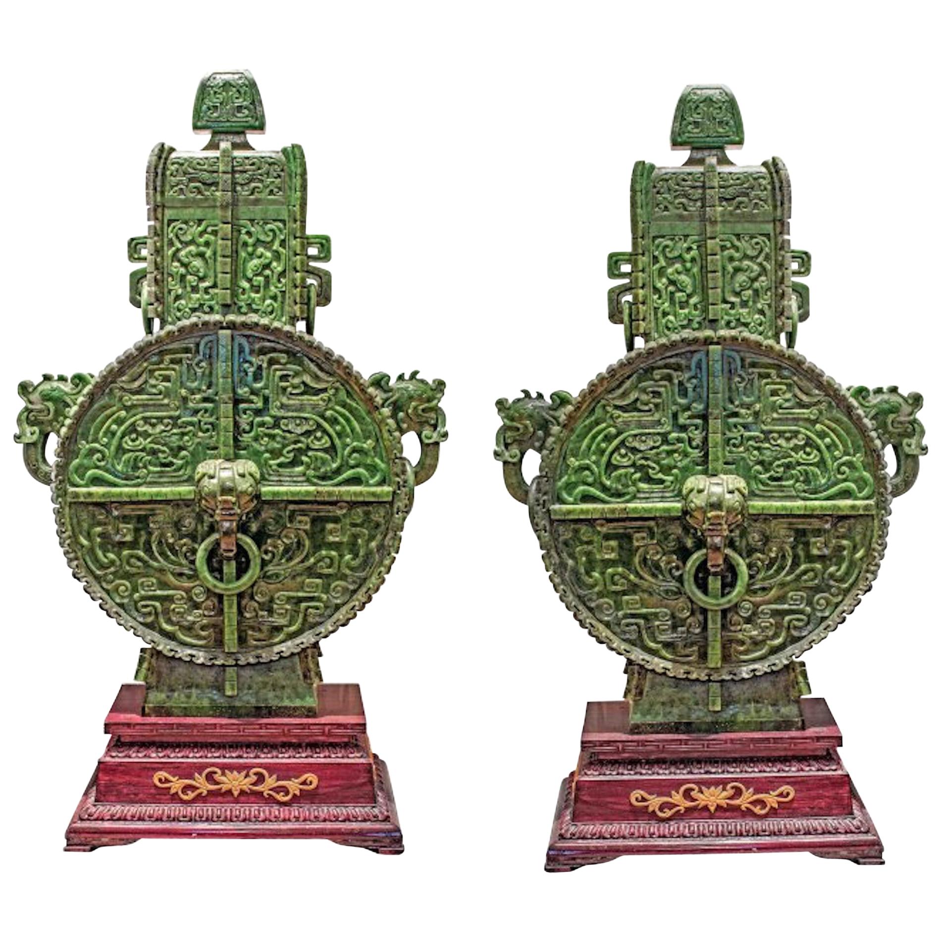 Massive Pair of Chinese Carved Jade Vases and Covers