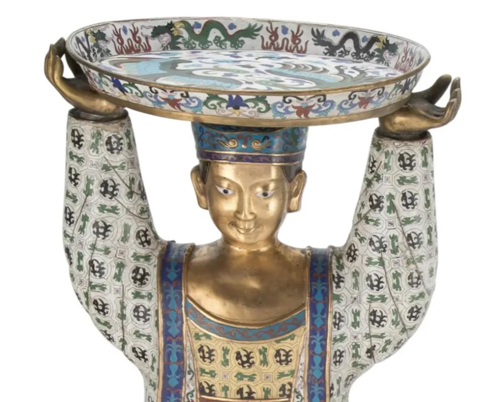 Chinese Export Massive Pair of Chinese Cloisonne Enamel Figures of Attendants Late Qing Dynasty