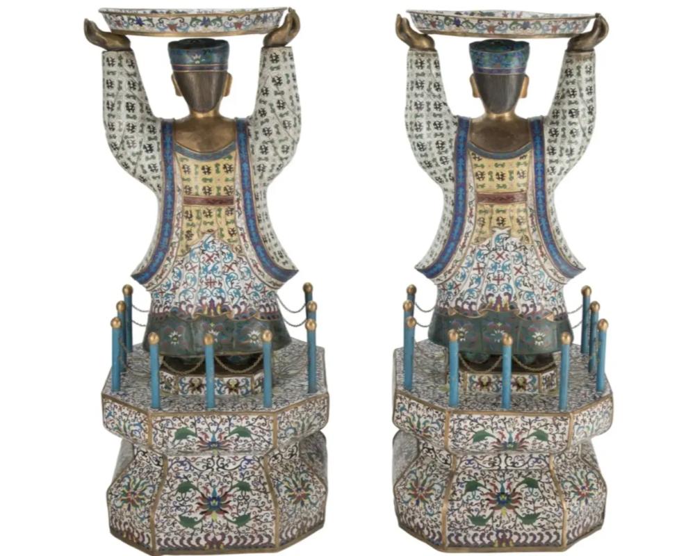 Massive Pair of Chinese Cloisonne Enamel Figures of Attendants Late Qing Dynasty 1