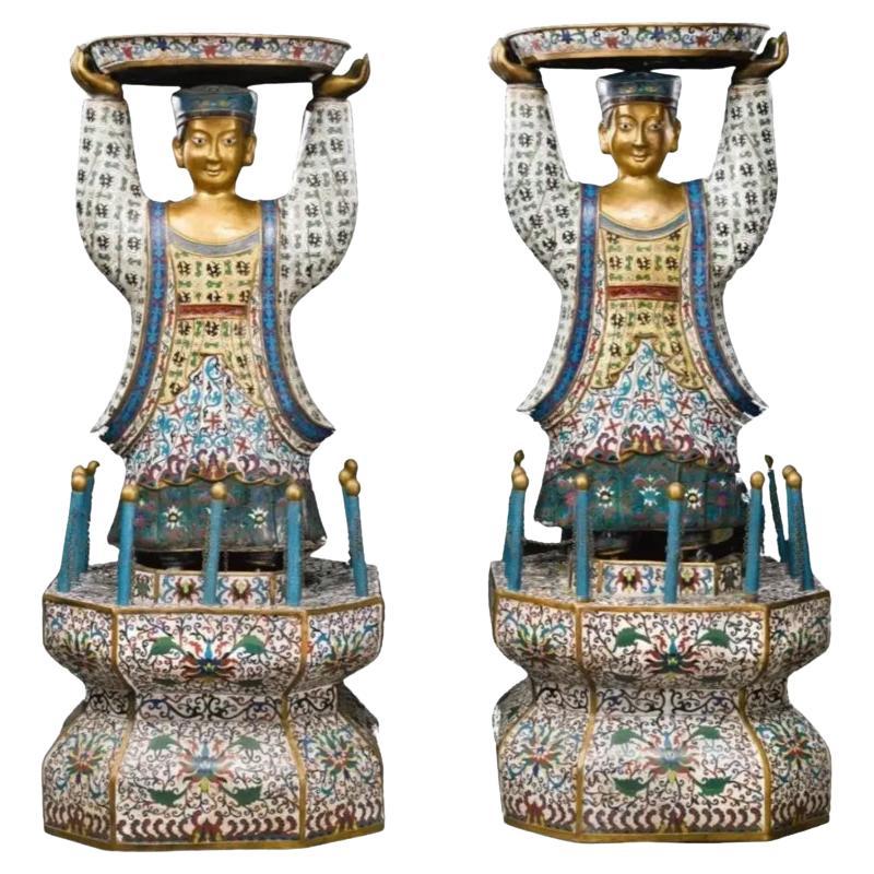 Massive Pair of Chinese Cloisonne Enamel Figures of Attendants Late Qing Dynasty