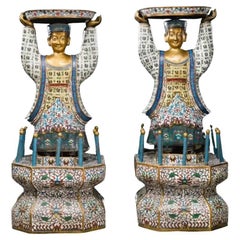 Massive Pair of Chinese Cloisonne Enamel Figures of Attendants Late Qing Dynasty
