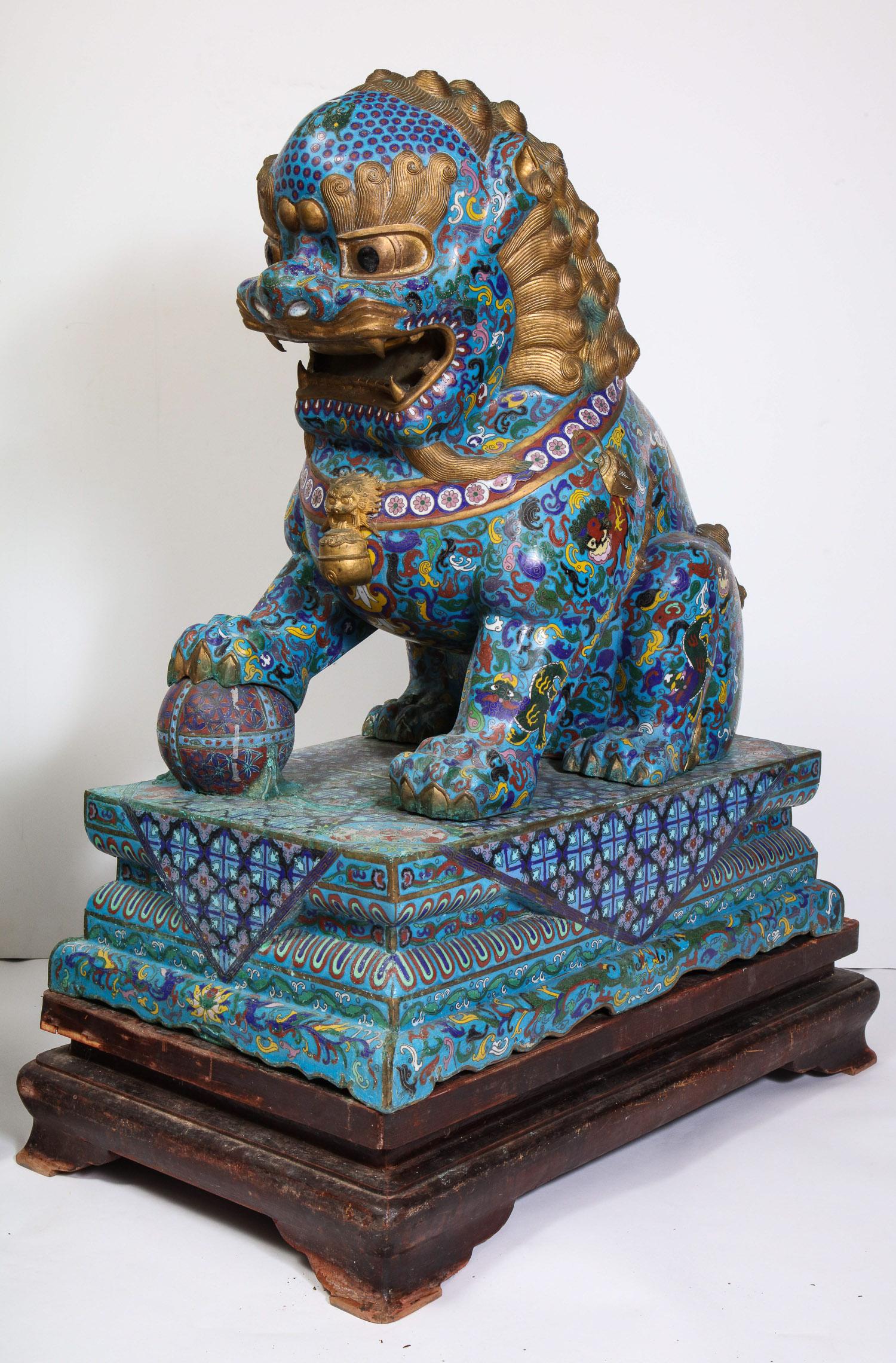 Massive Pair of Chinese Cloisonne Enamel Foo Dogs Lions on Wood Stands 3